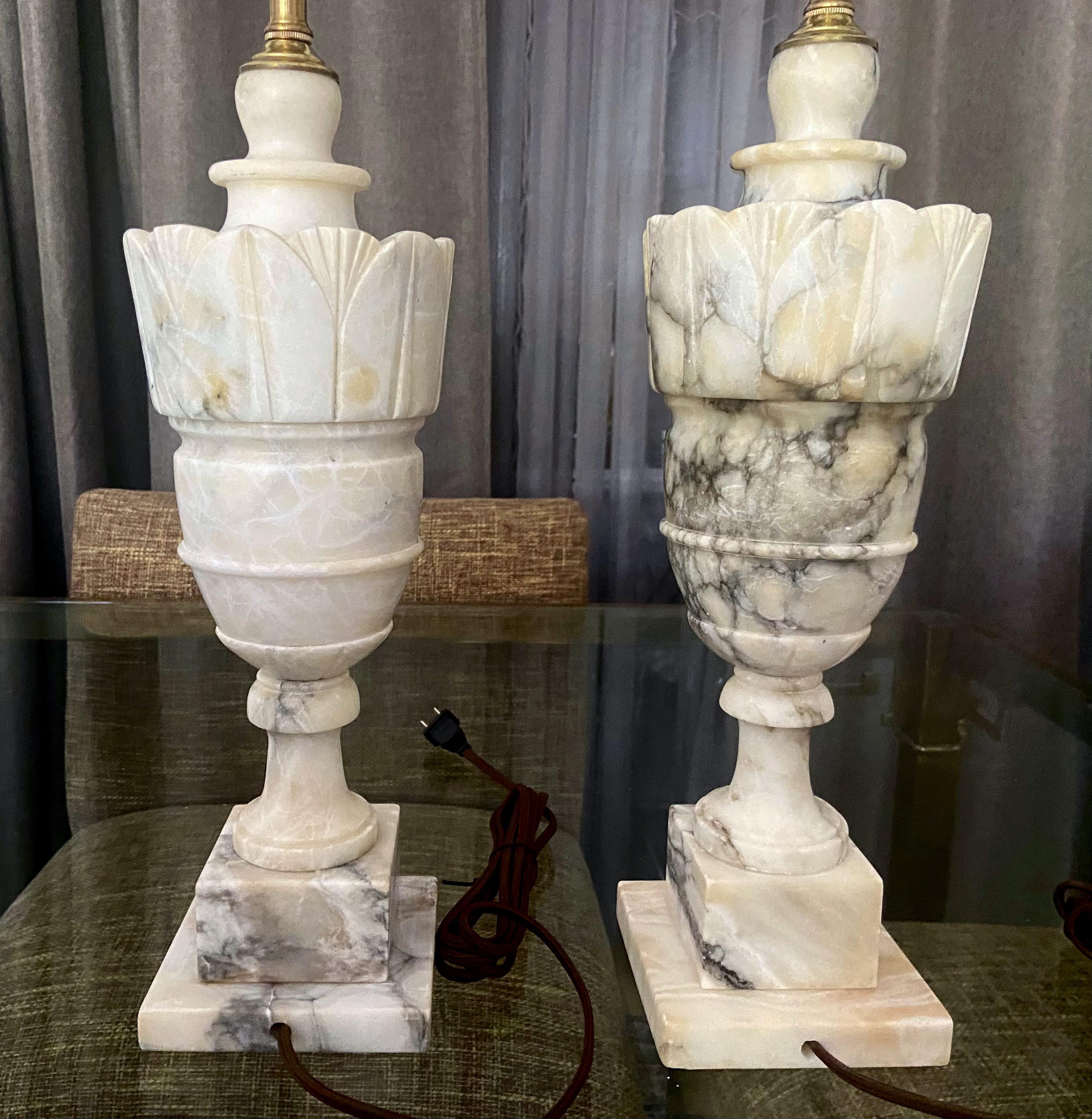 Mid-20th Century Pair Italian Urn Neoclassic Alabaster Table Lamps
