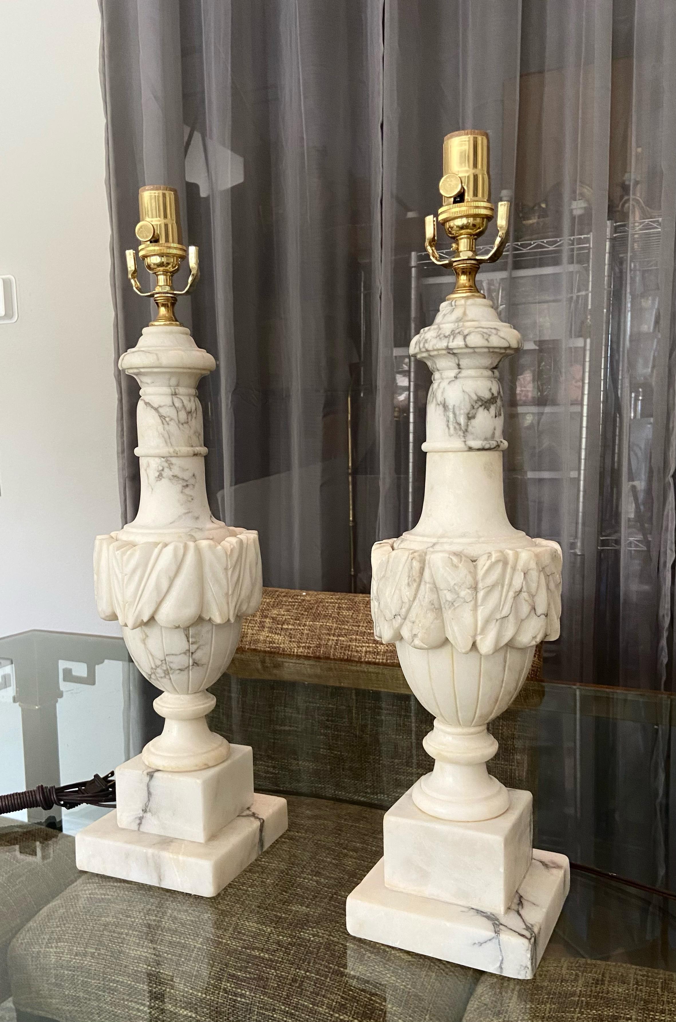 Brass Pair Italian Urn Neoclassic Alabaster Table Lamps