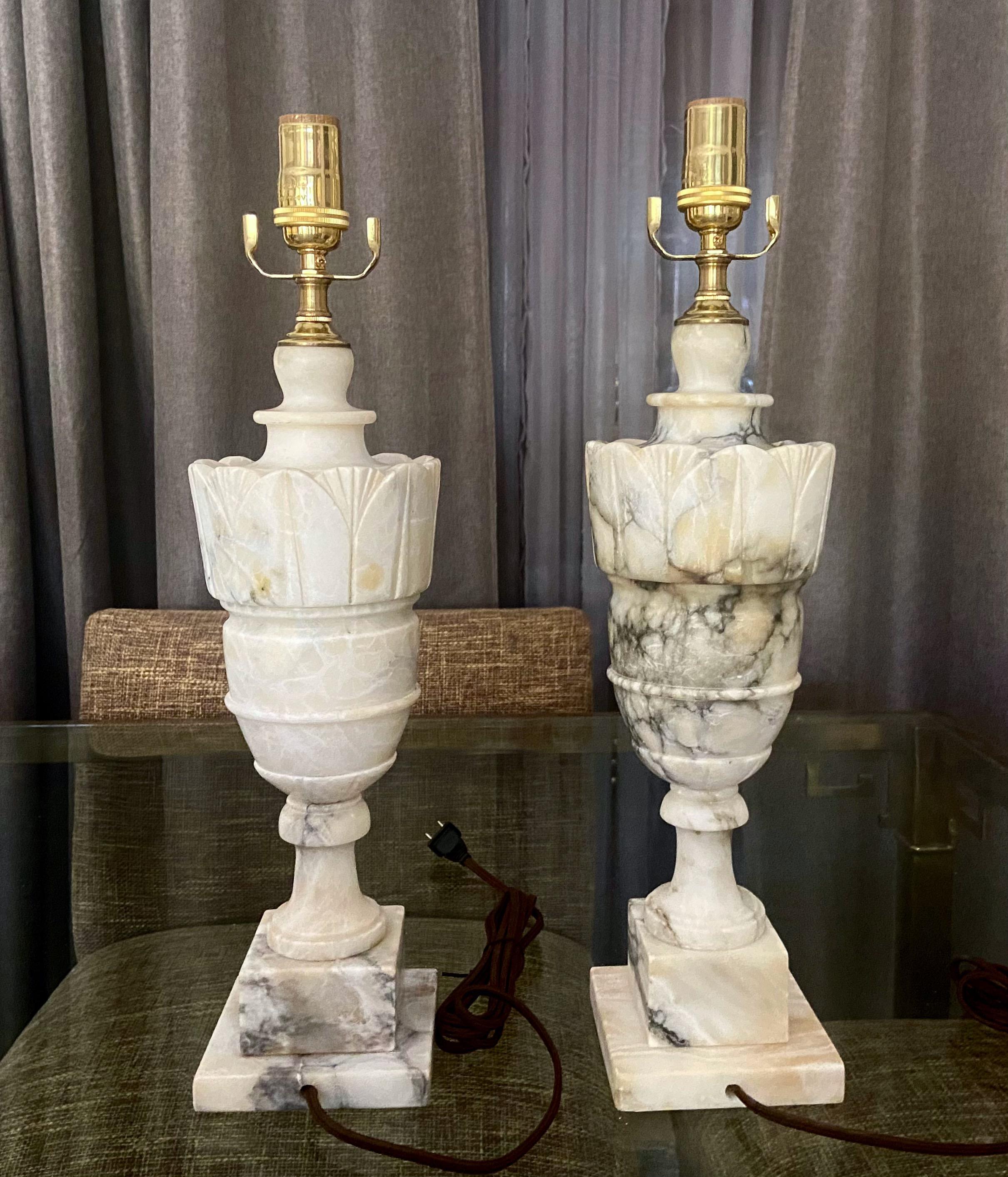 Brass Pair Italian Urn Neoclassic Alabaster Table Lamps