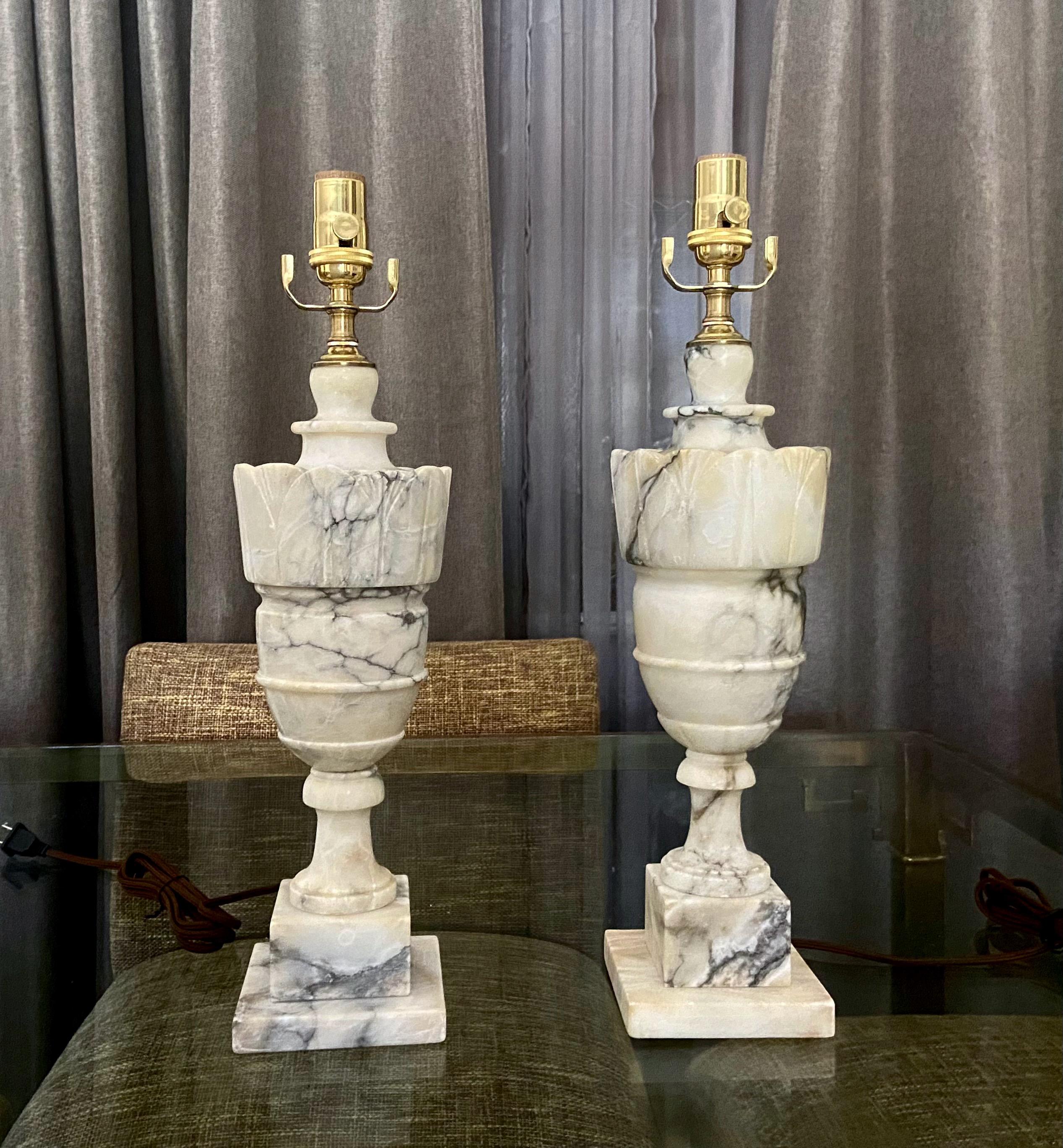 Pair Italian Urn Neoclassic Alabaster Table Lamps 3