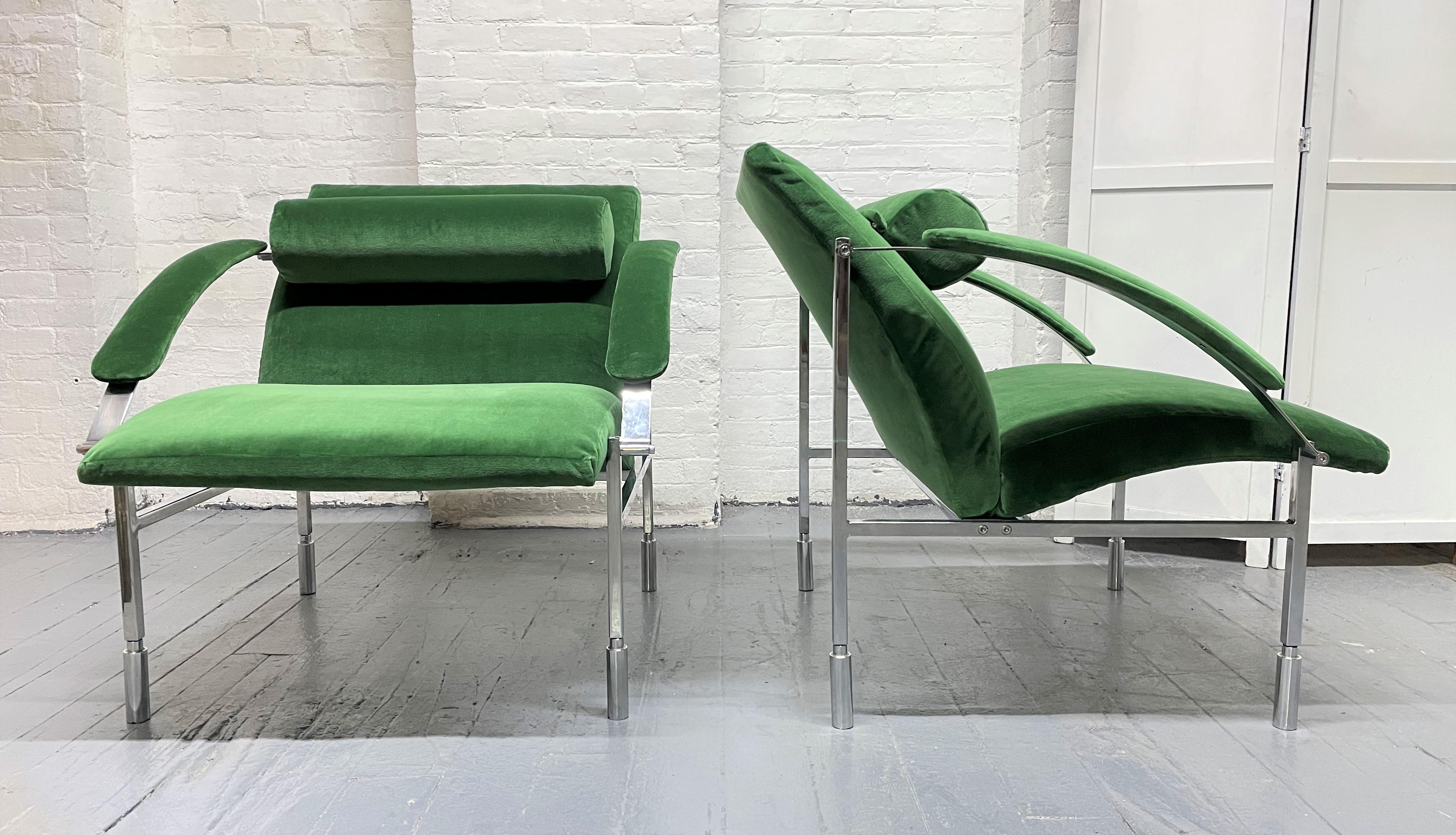 Modern Pair Italian Velvet and Chrome Lounge Chairs For Sale