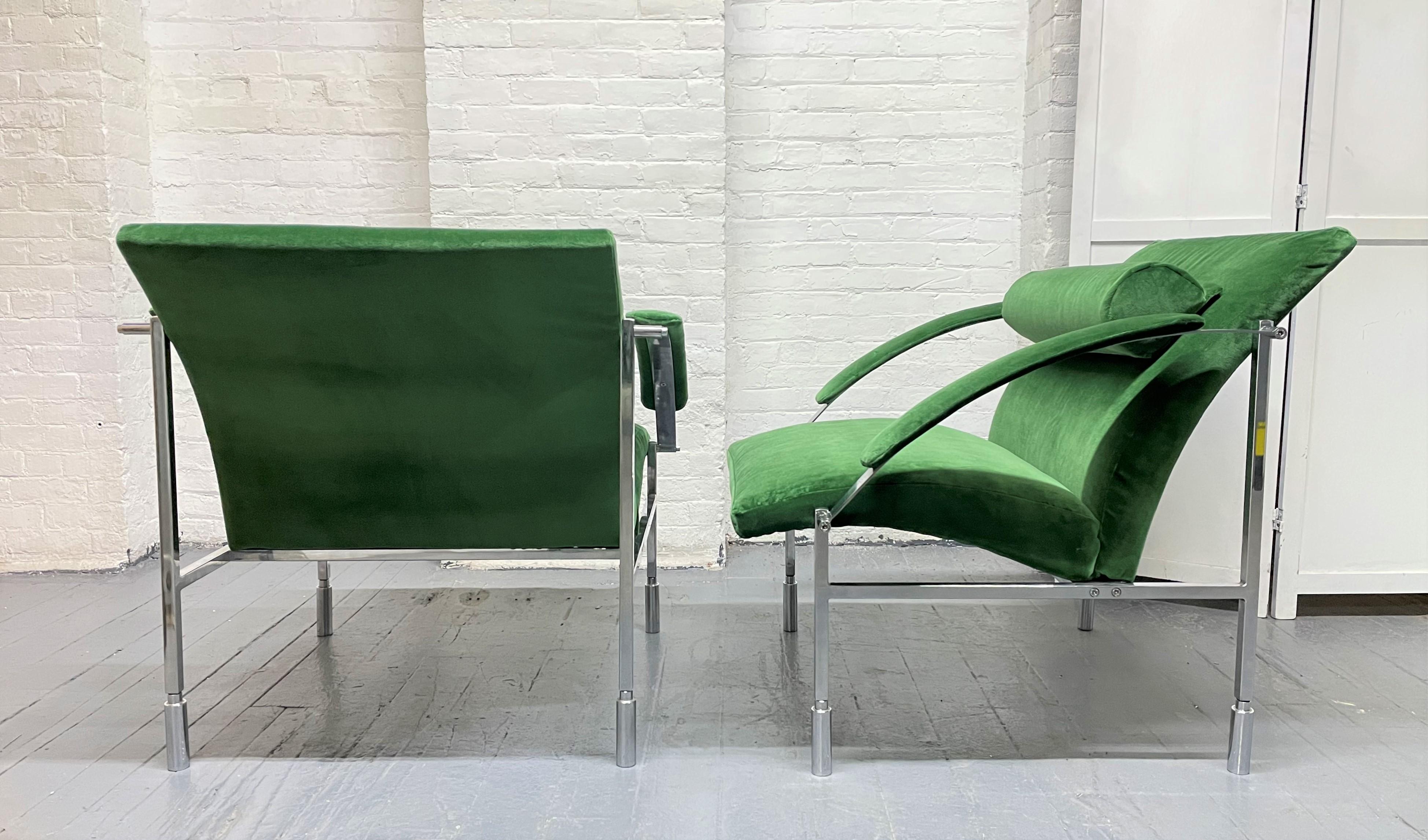 Pair Italian Velvet and Chrome Lounge Chairs In Good Condition For Sale In New York, NY