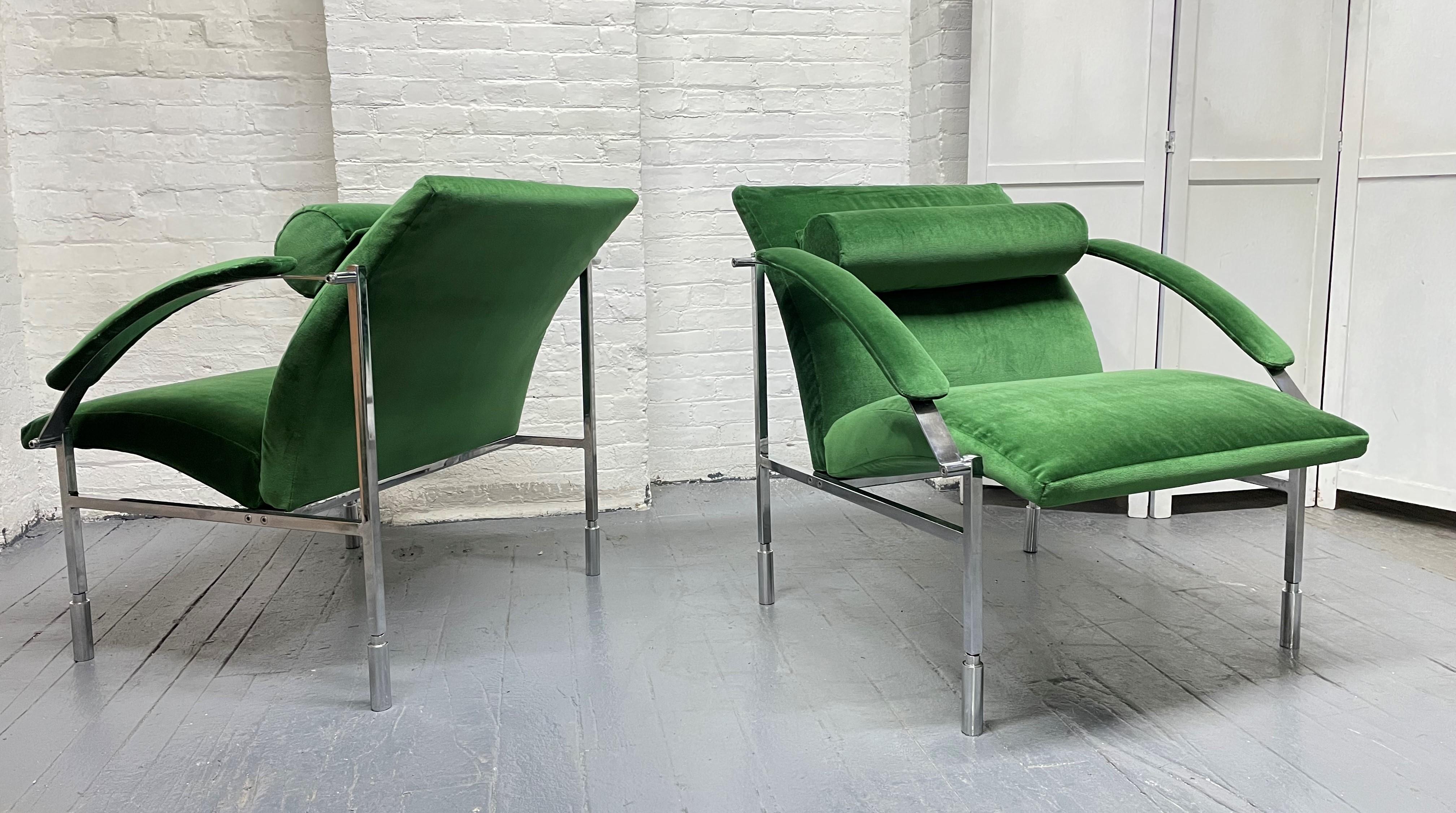 Late 20th Century Pair Italian Velvet and Chrome Lounge Chairs