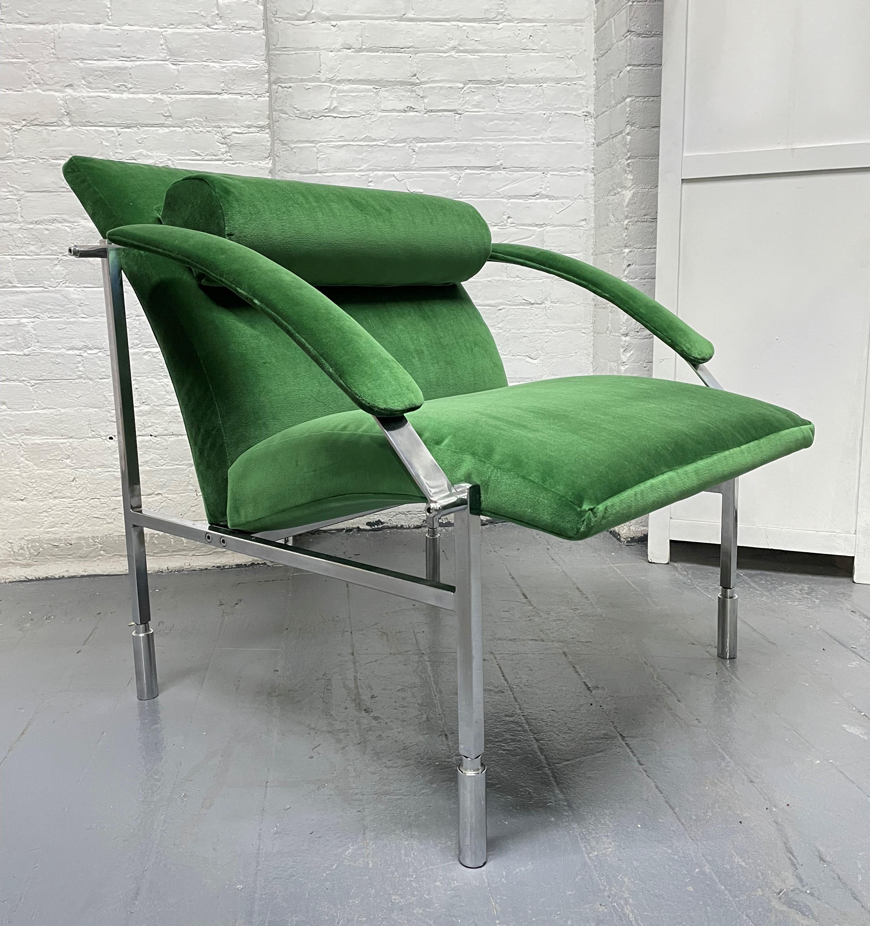 Pair Italian Velvet and Chrome Lounge Chairs For Sale 1