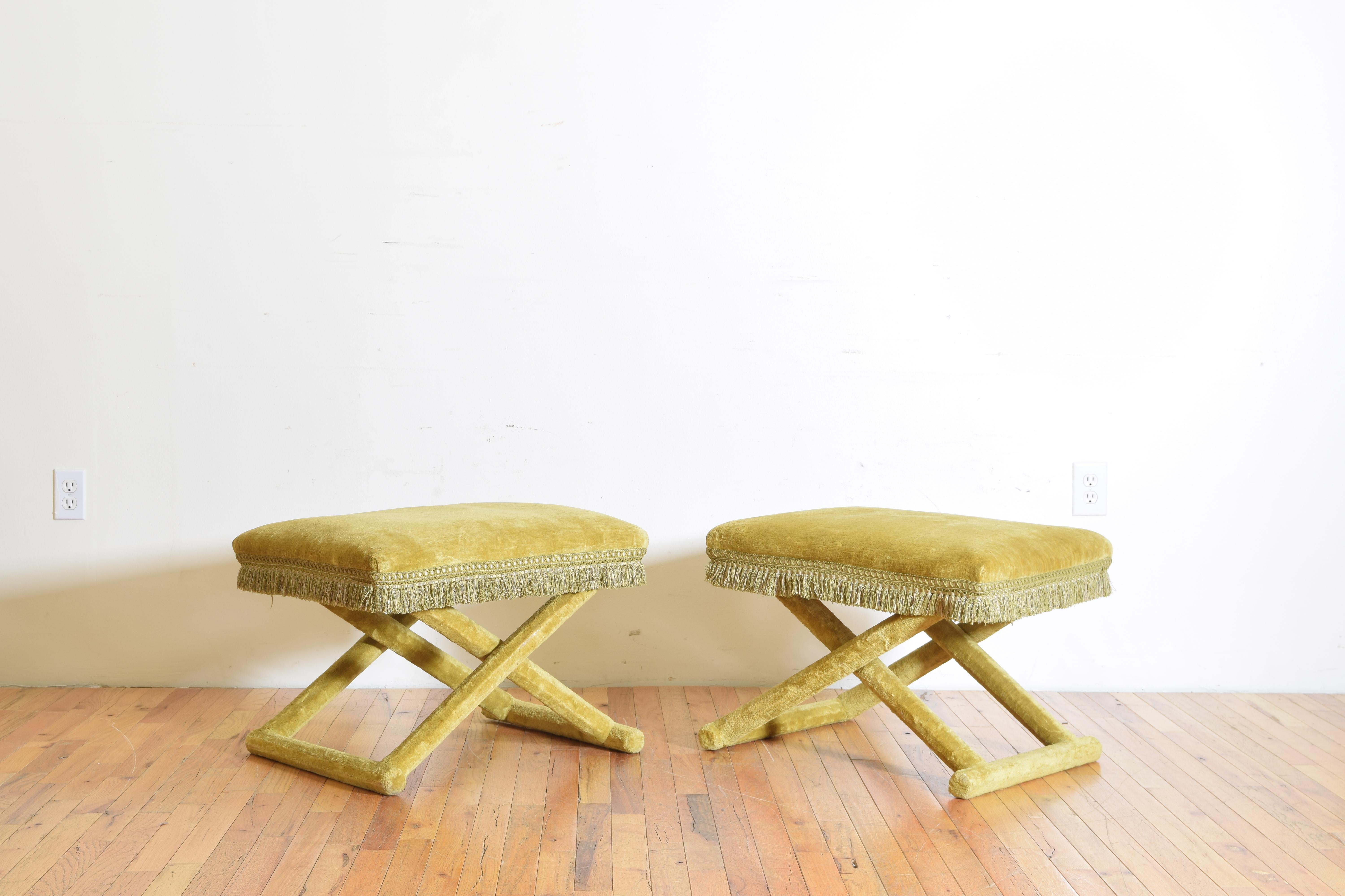 Neoclassical Pair of Italian Velvet Upholstered Curule Form Benches, 20th Century