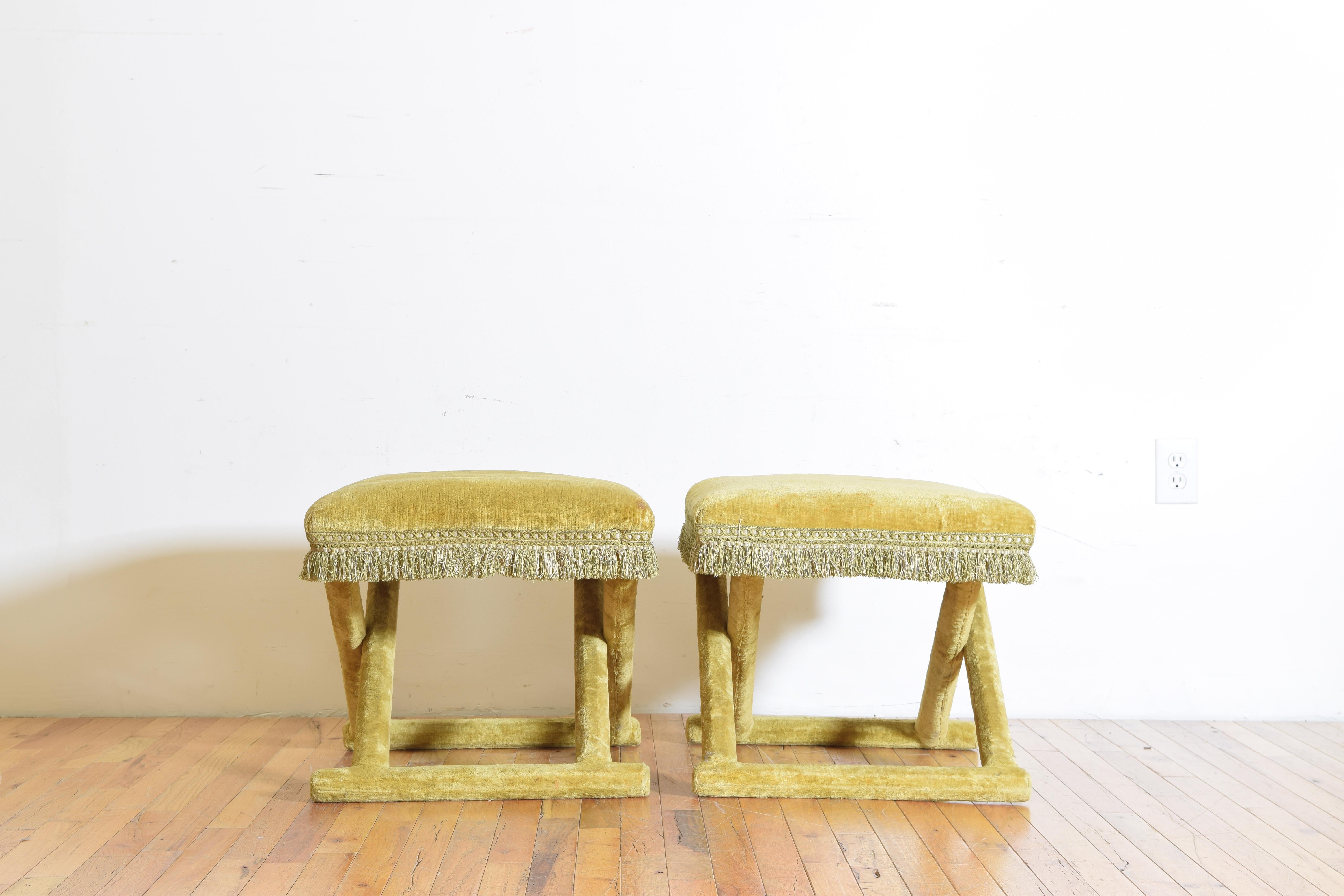 Mid-20th Century Pair of Italian Velvet Upholstered Curule Form Benches, 20th Century