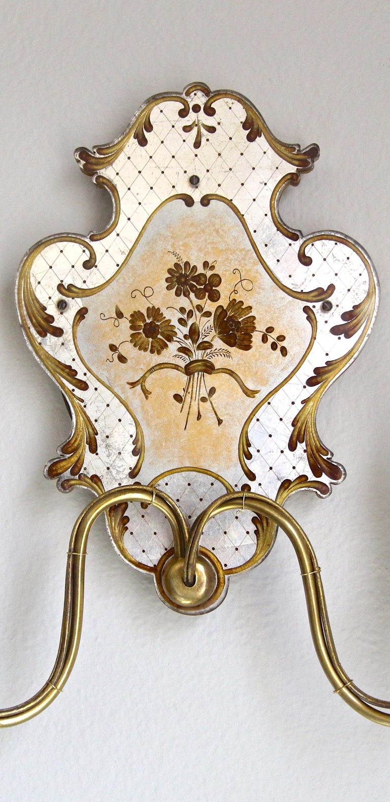 Pair Italian Venetian Eglomise and Brass Wall Sconces For Sale 6