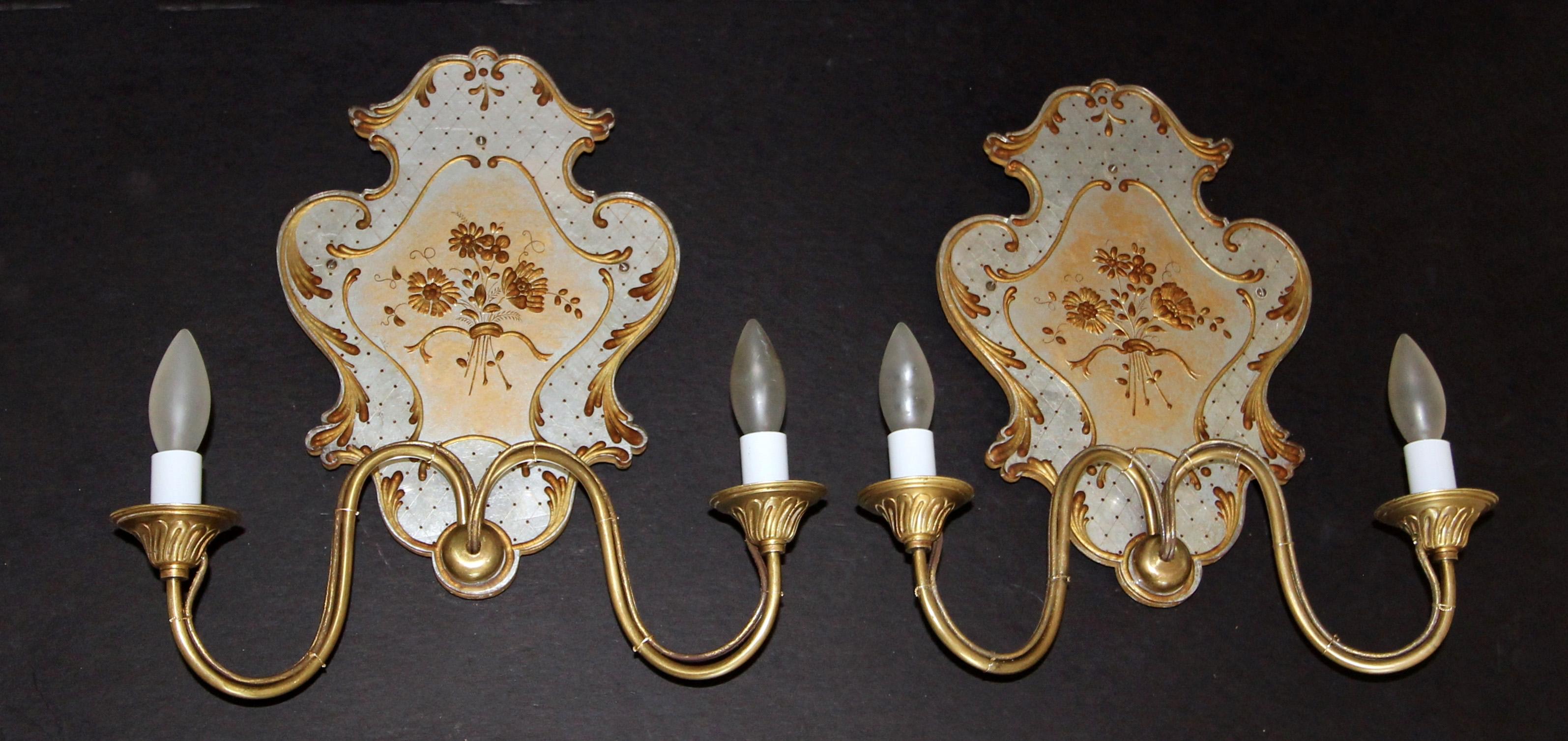 Pair Italian Venetian Eglomise and Brass Wall Sconces For Sale 7