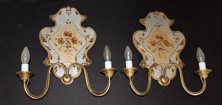Pair Italian Venetian Eglomise and Brass Wall Sconces For Sale 8
