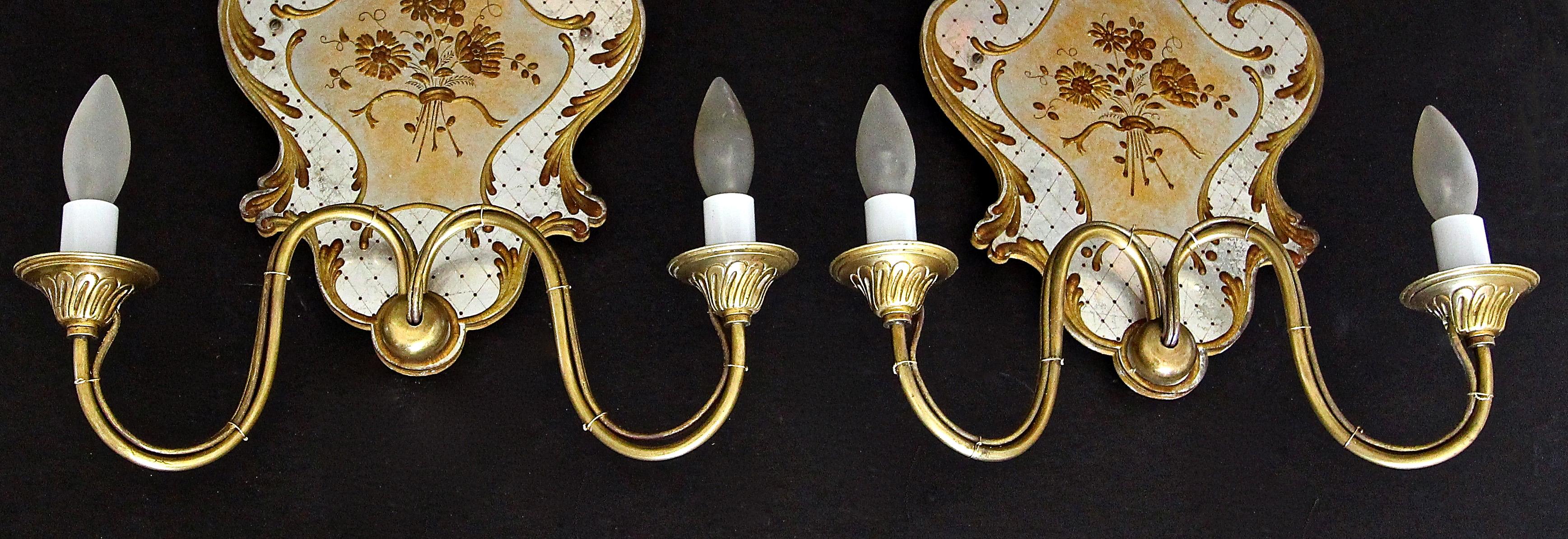 Pair Italian Venetian Eglomise and Brass Wall Sconces For Sale 13