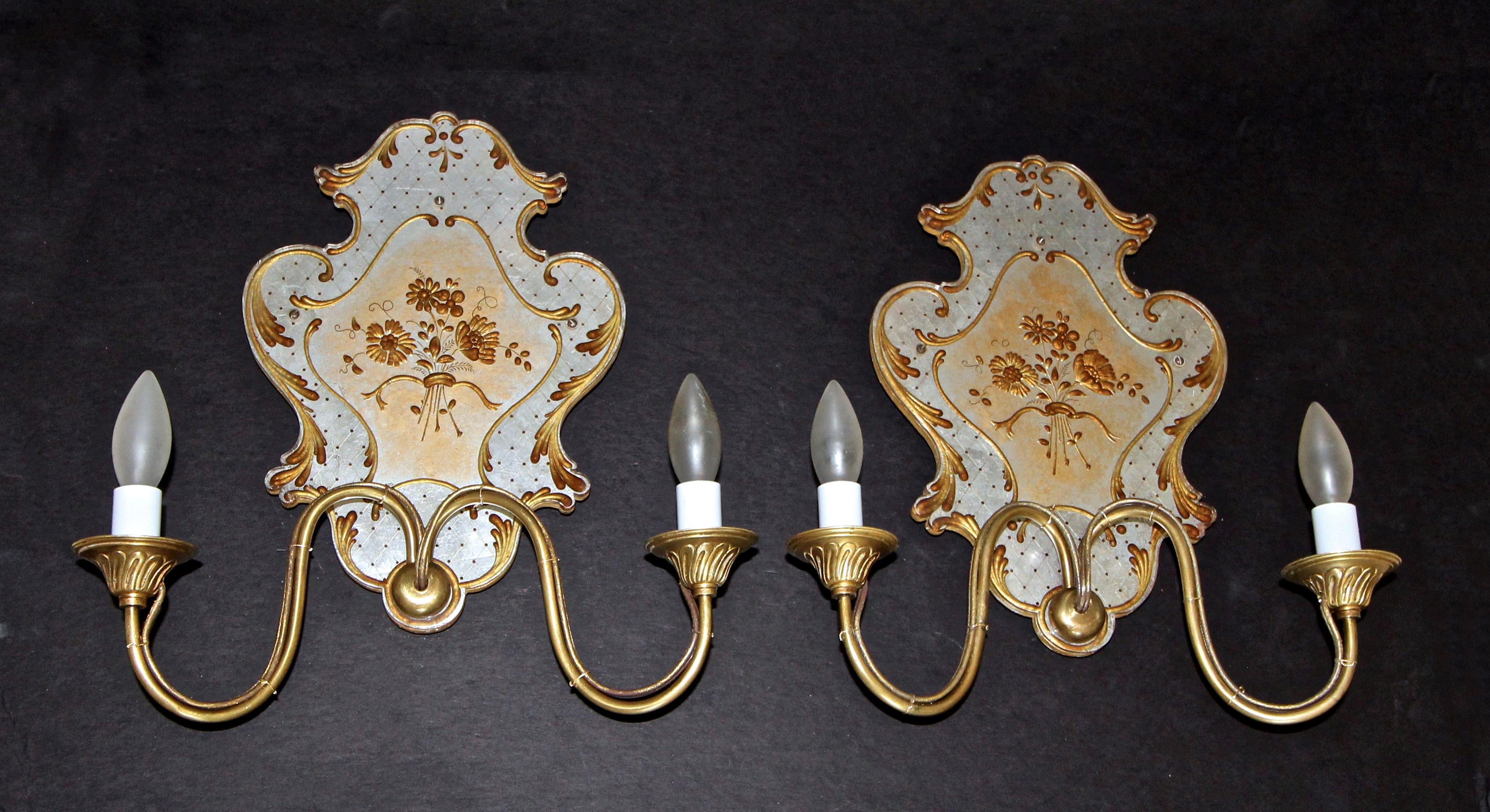 Pair Italian Venetian Eglomise and Brass Wall Sconces For Sale 14