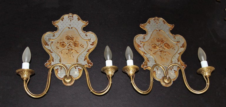 Mid-20th Century Pair Italian Venetian Eglomise and Brass Wall Sconces For Sale