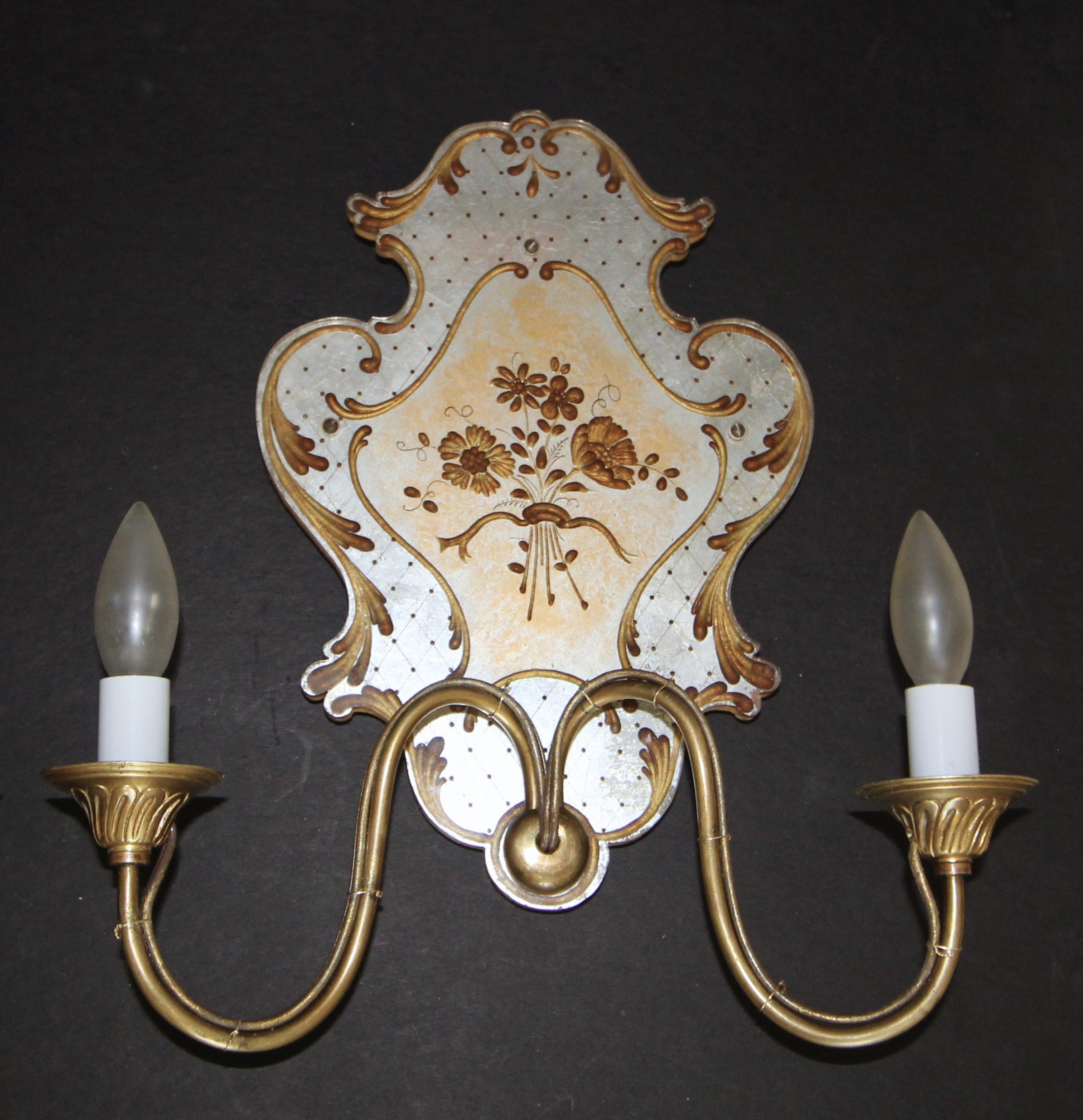 Mid-20th Century Pair Italian Venetian Eglomise and Brass Wall Sconces For Sale