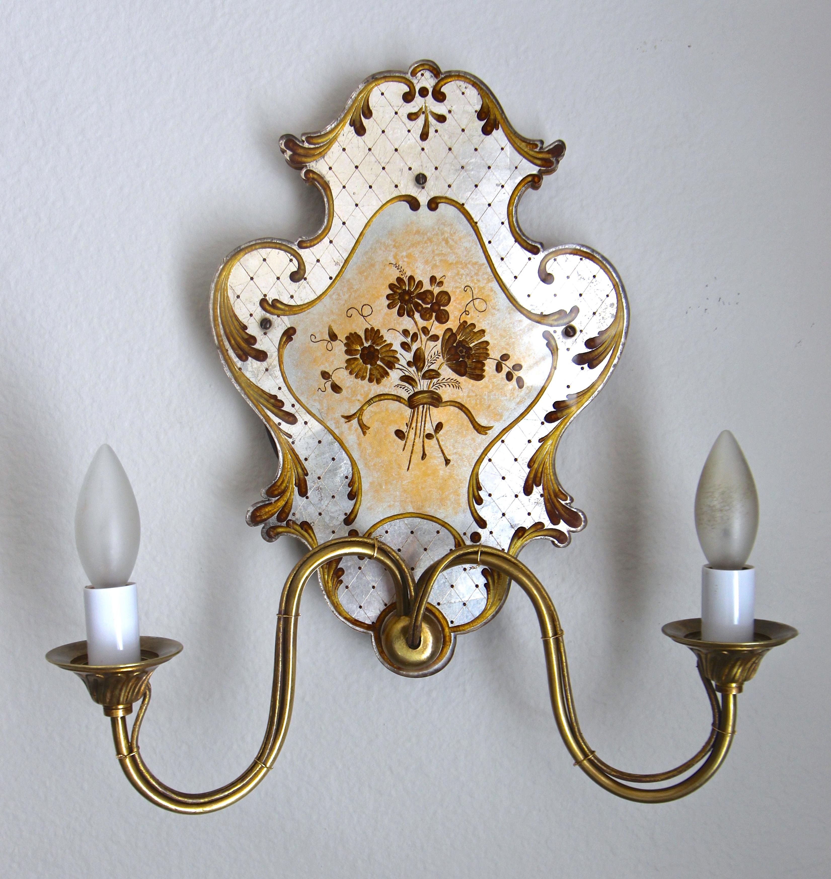 Pair Italian Venetian Eglomise and Brass Wall Sconces For Sale 2
