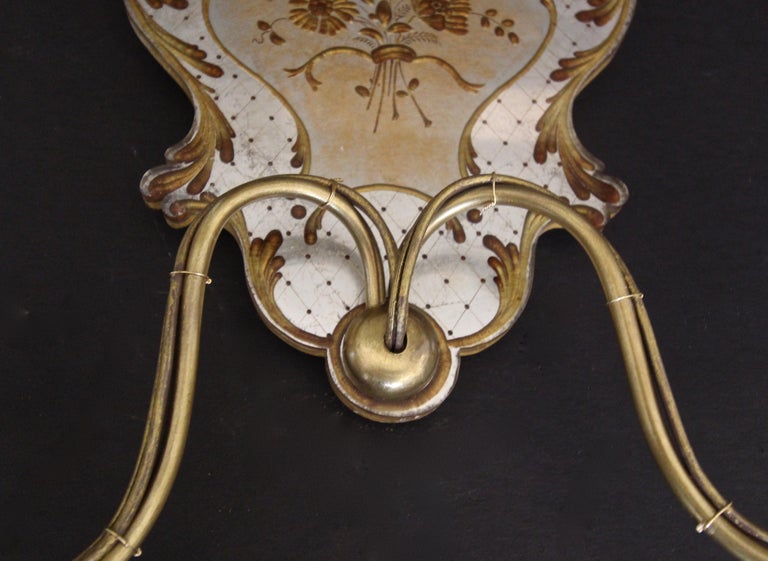 Pair Italian Venetian Eglomise and Brass Wall Sconces For Sale 5