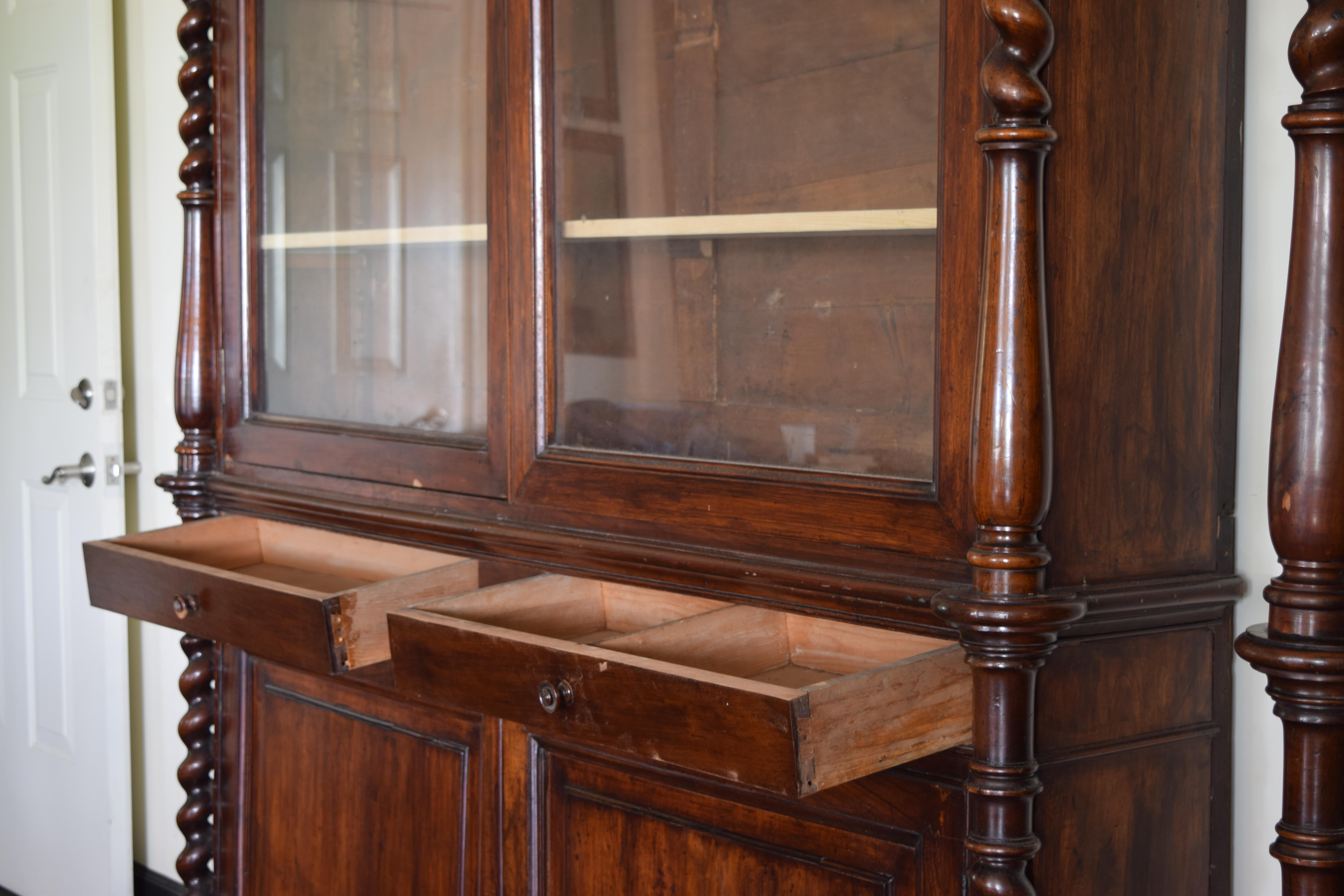 Pair Italian, Veneto, Turned Walnut Shallow Glass Front Bookcases, mid 19th cen. 6