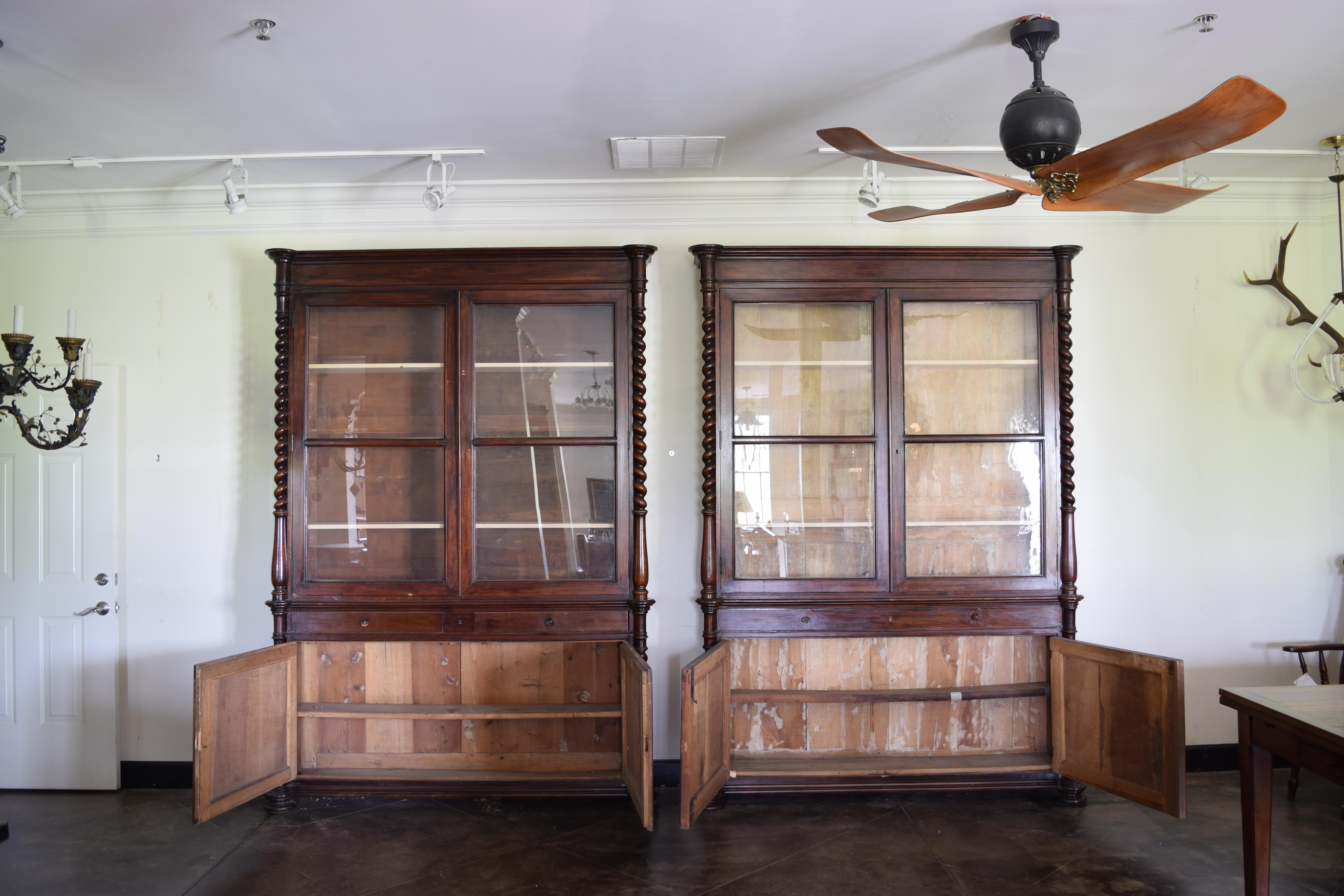 Pair Italian, Veneto, Turned Walnut Shallow Glass Front Bookcases, mid 19th cen. 1