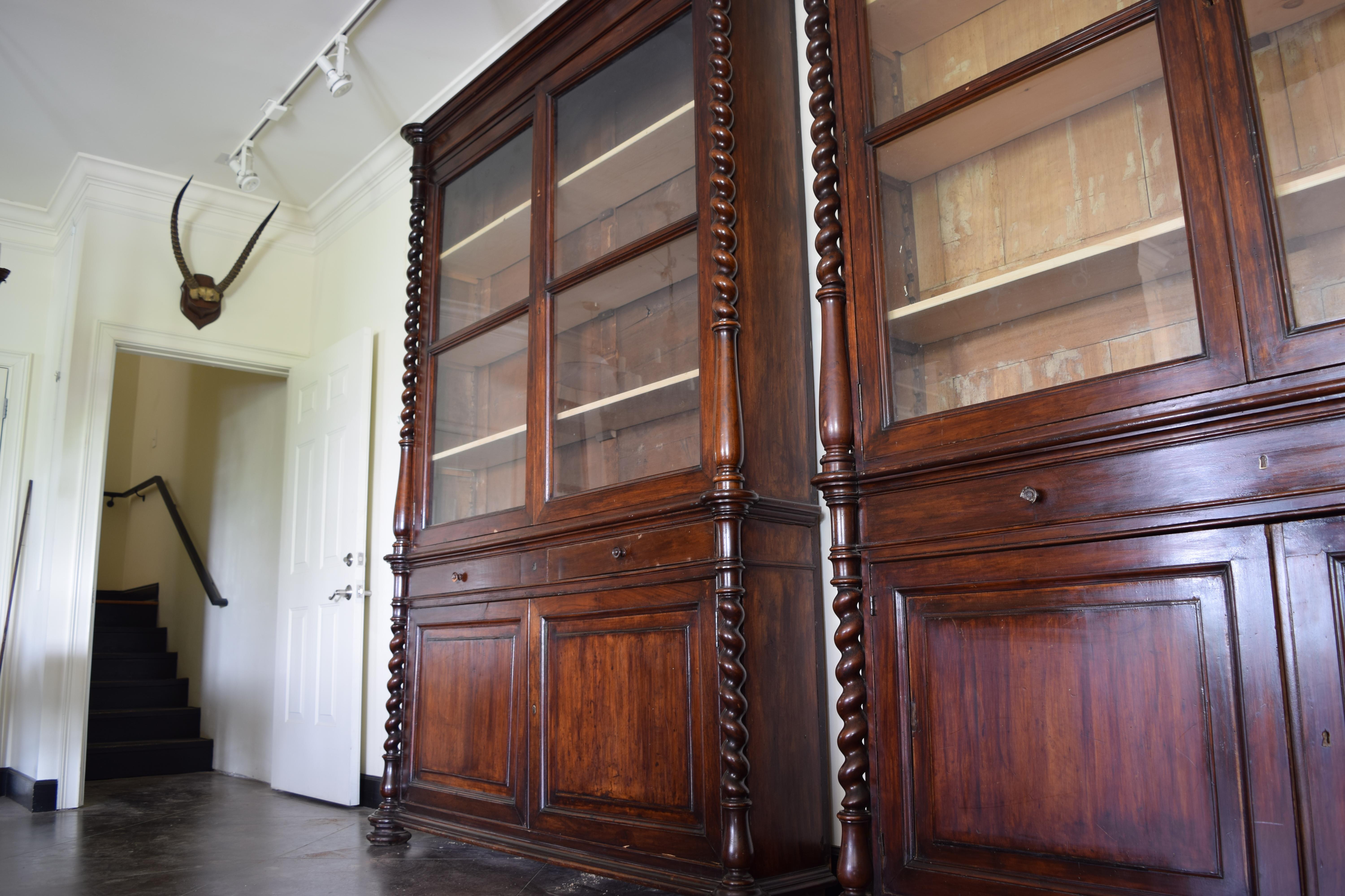 Pair Italian, Veneto, Turned Walnut Shallow Glass Front Bookcases, mid 19th cen. 2