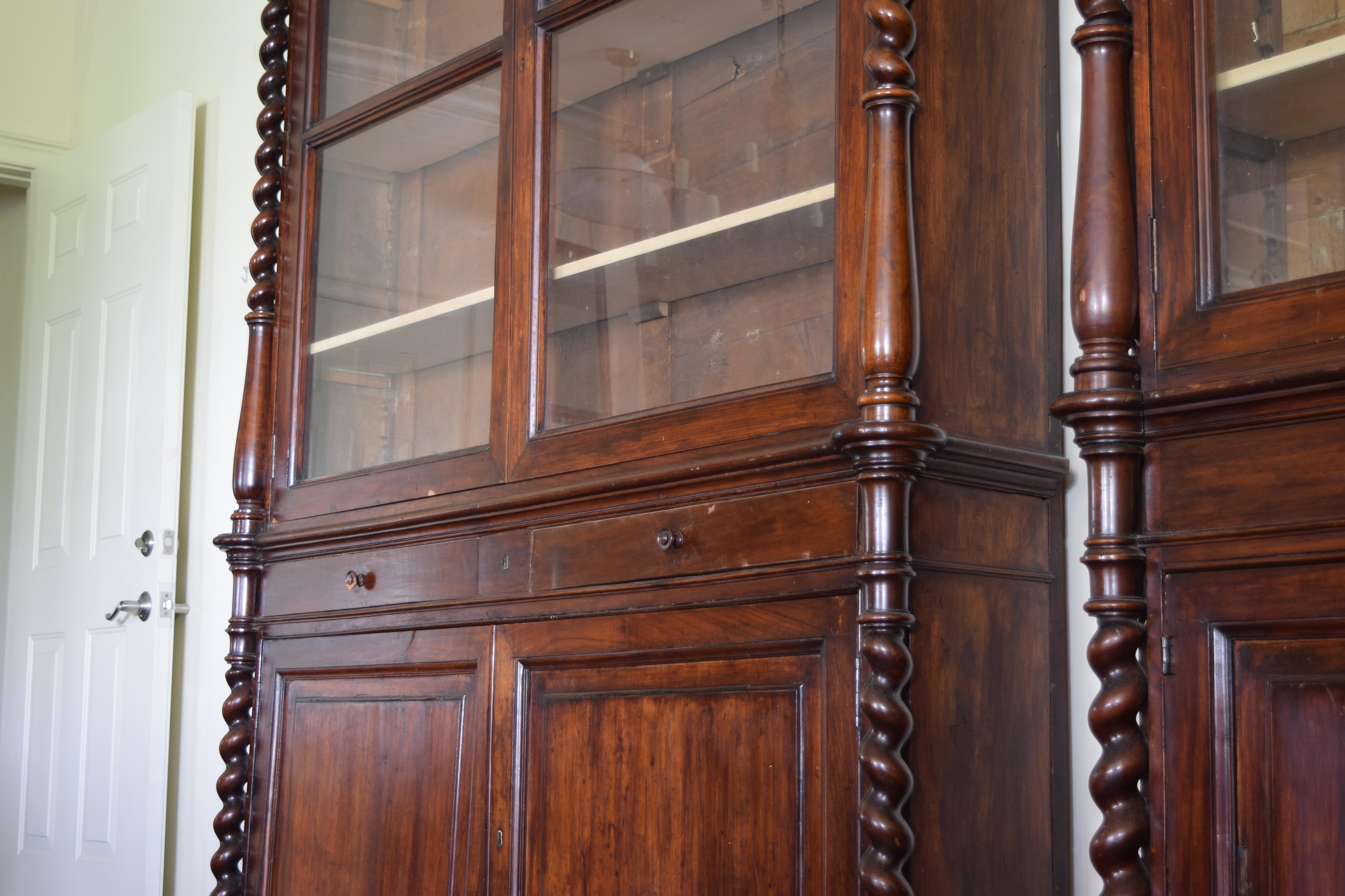 Pair Italian, Veneto, Turned Walnut Shallow Glass Front Bookcases, mid 19th cen. 3