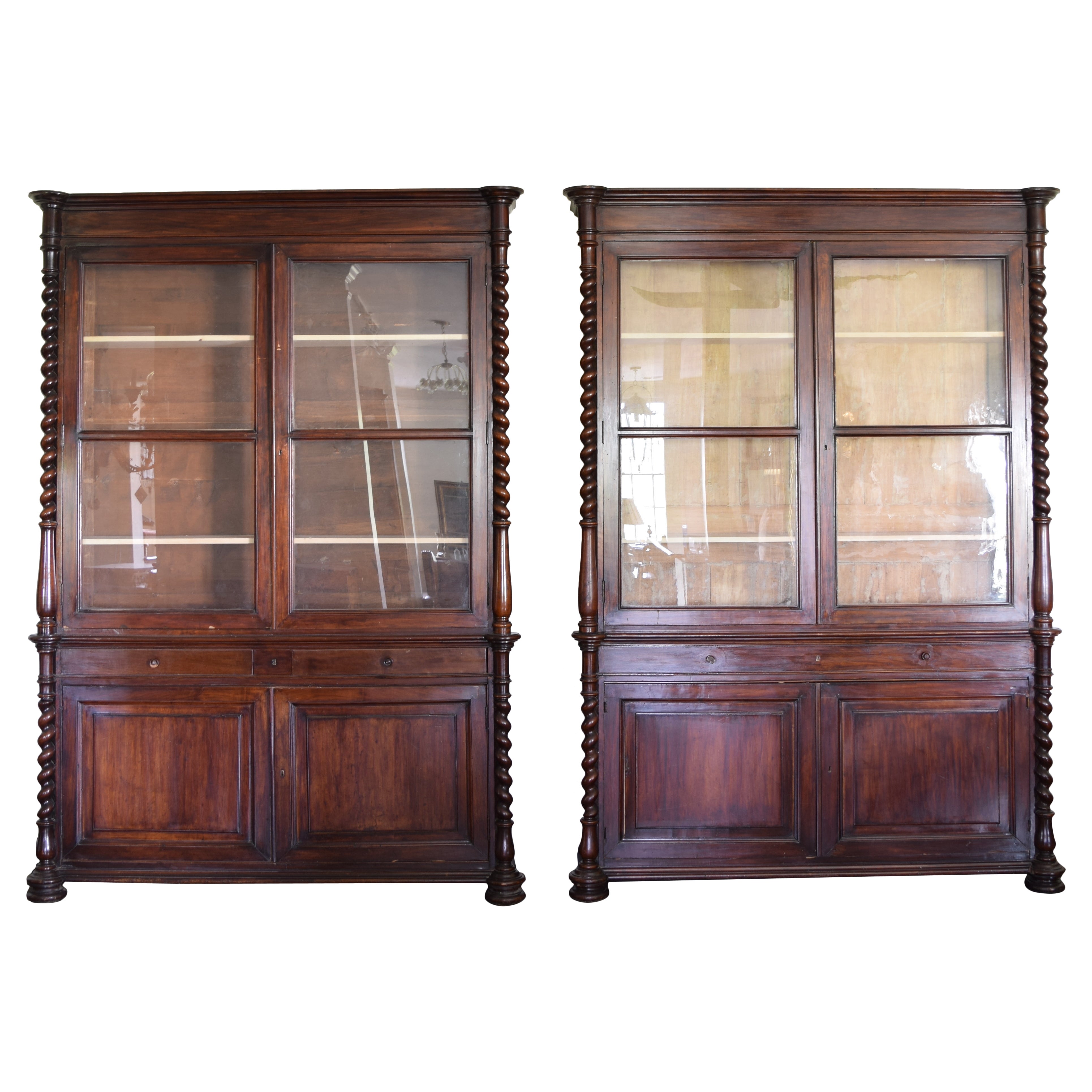 Pair Italian, Veneto, Turned Walnut Shallow Glass Front Bookcases, mid 19th cen.