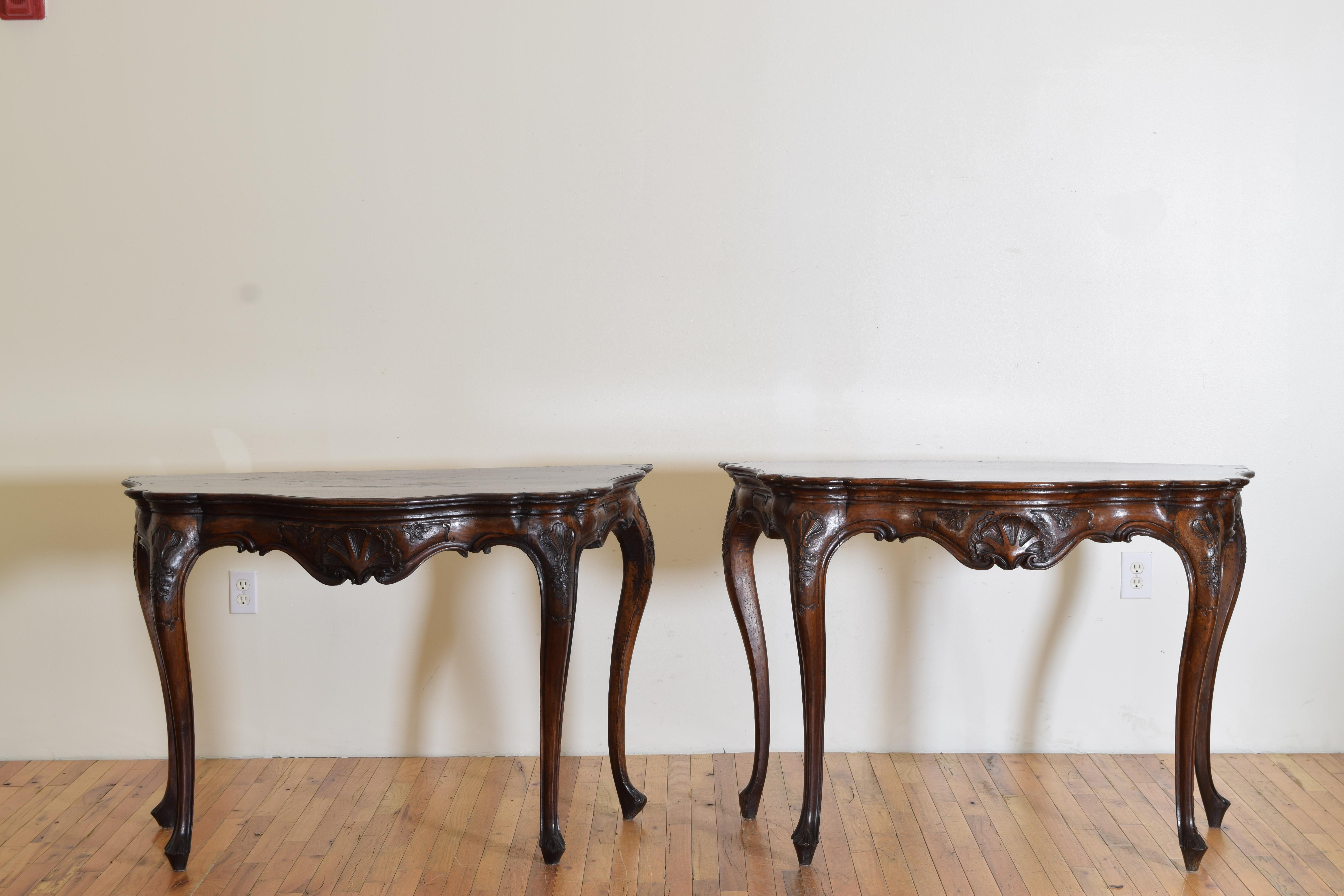 Hand-Carved Pair Italian, Venice, Carved Walnut Rococo Period Console Tables, mid 18th cen. For Sale