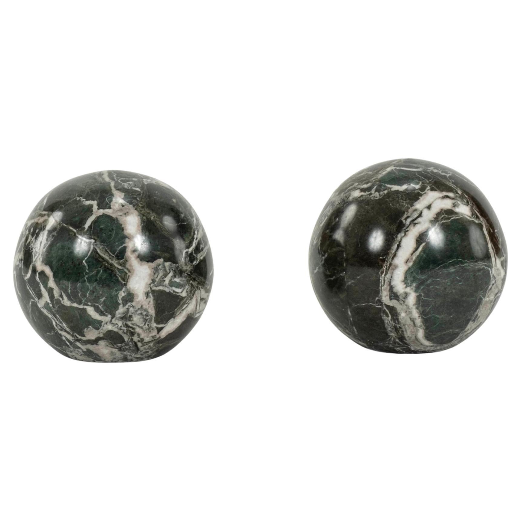 Pair Italian Verde Polcevere Marble Spheres