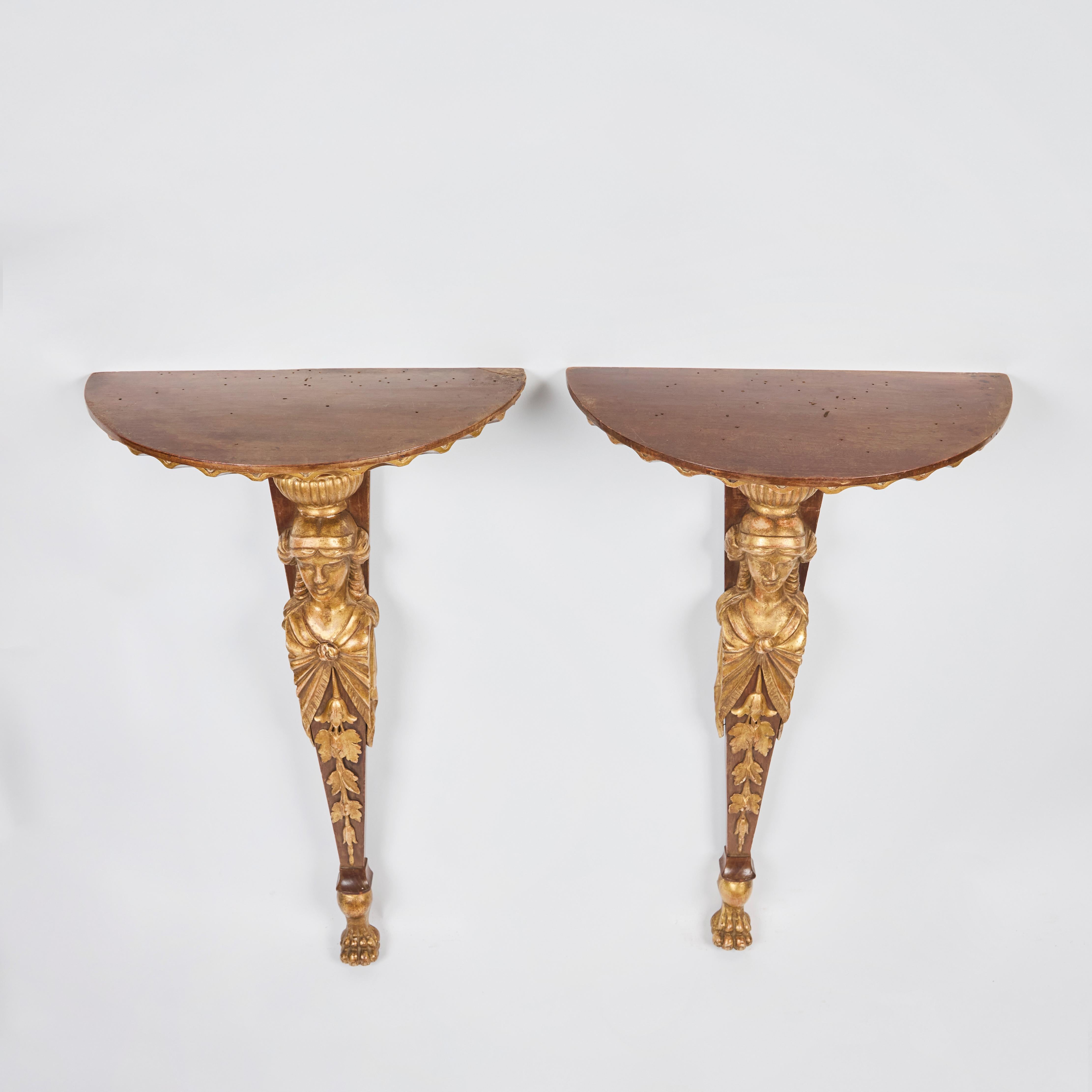 Pair Italian Walnut and Parcel Gilt Figural Wall Brackets For Sale 5