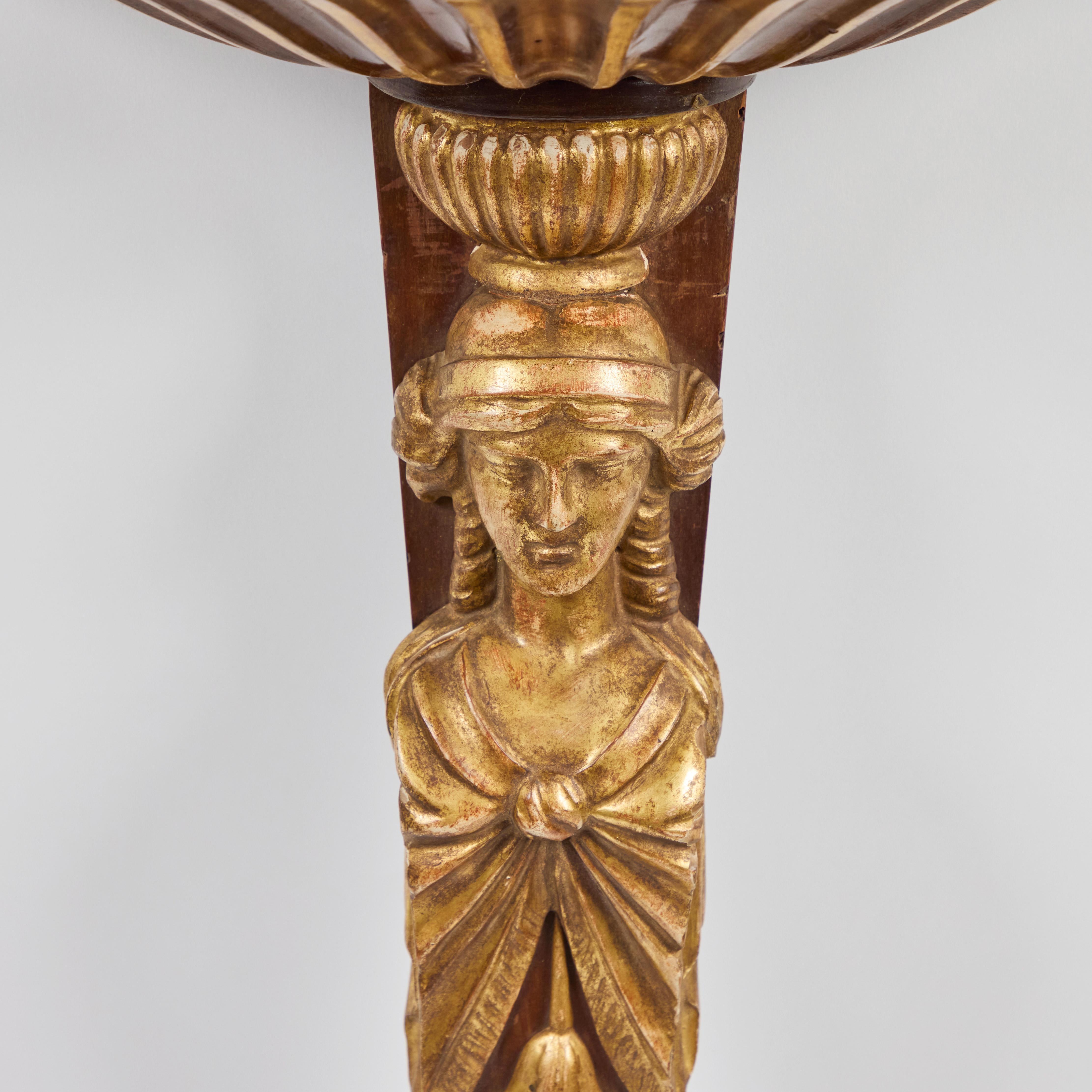 Hand-Carved Pair Italian Walnut and Parcel Gilt Figural Wall Brackets For Sale
