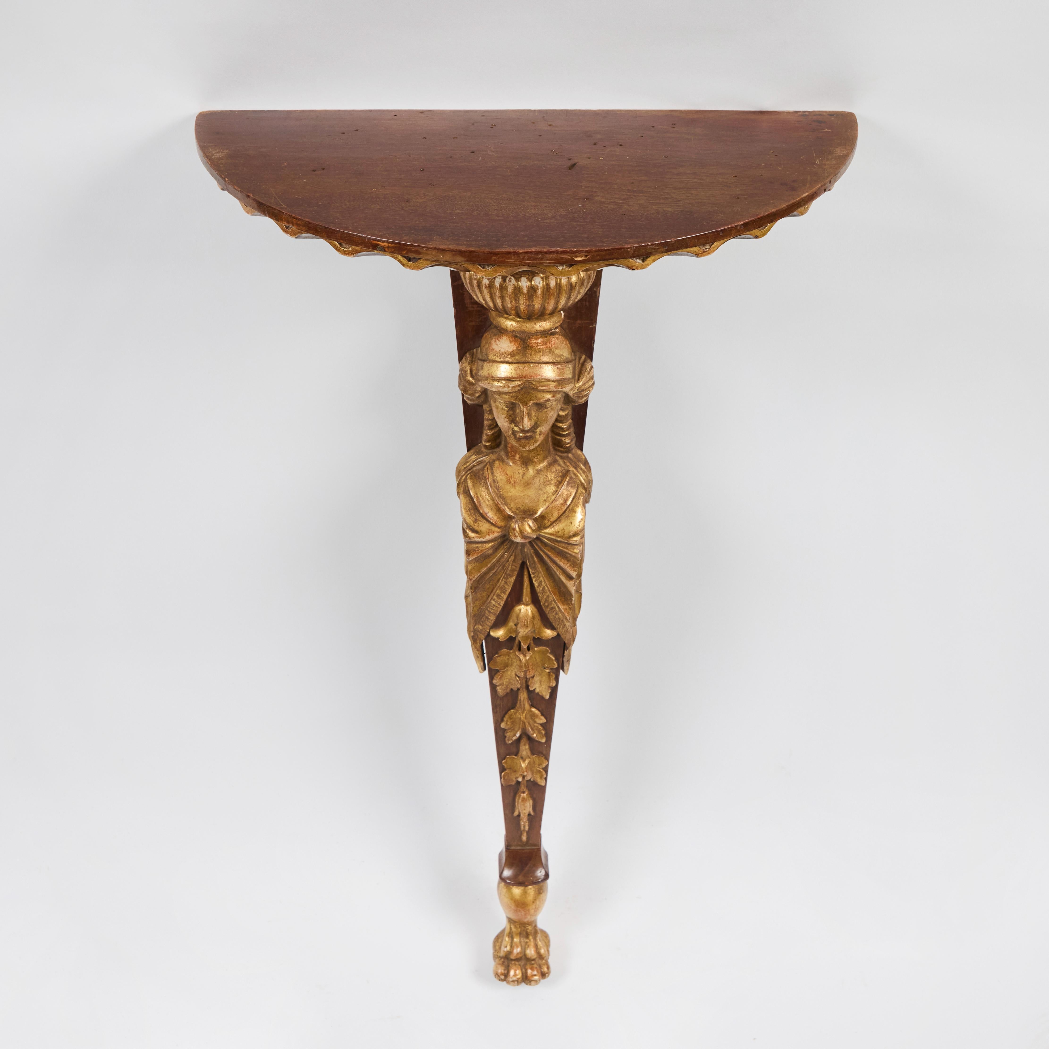 Late 19th Century Pair Italian Walnut and Parcel Gilt Figural Wall Brackets For Sale