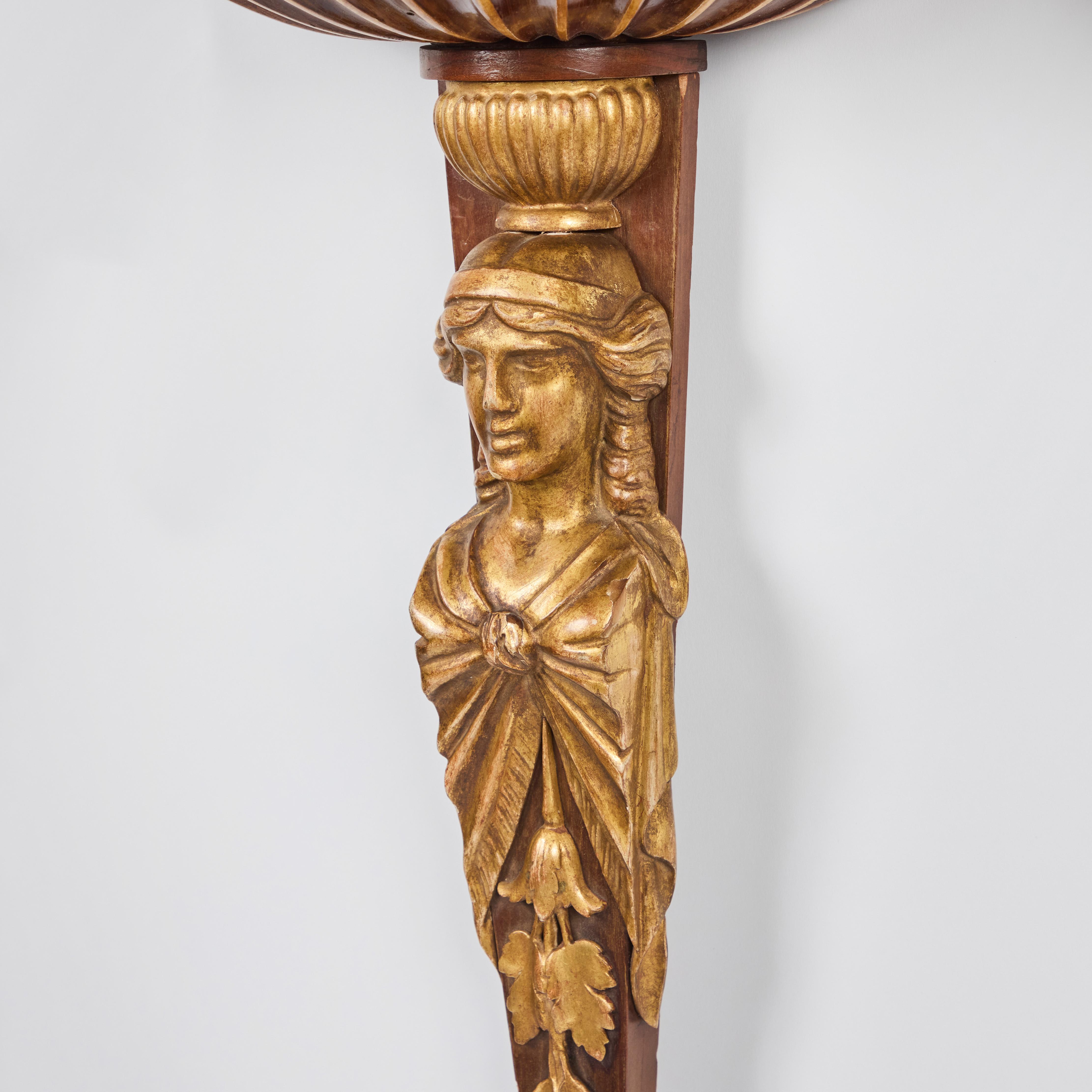 Pair Italian Walnut and Parcel Gilt Figural Wall Brackets For Sale 1