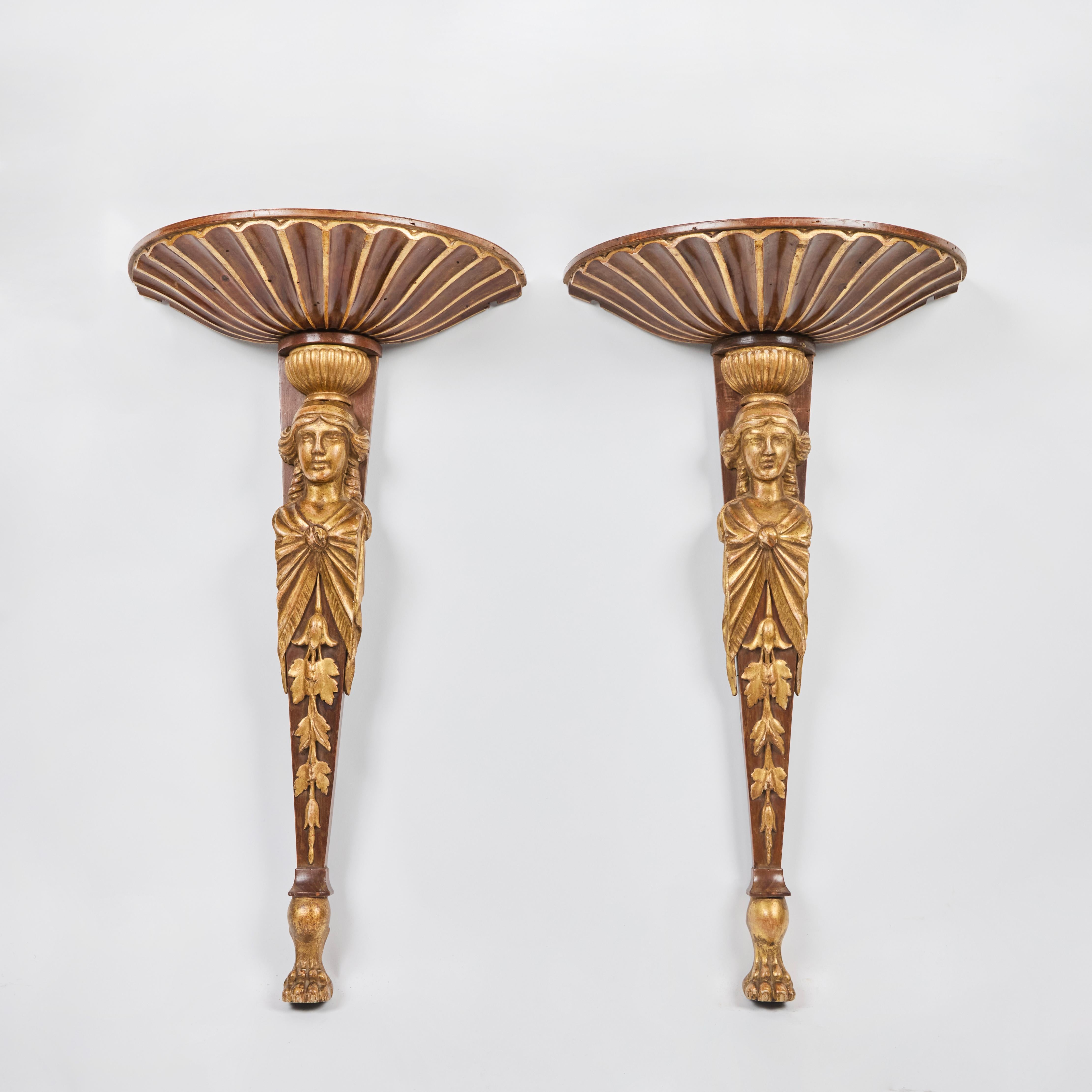 Pair Italian Walnut and Parcel Gilt Figural Wall Brackets For Sale 2