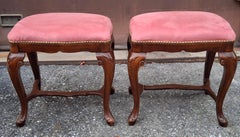 Pair Italian Walnut and Pink Suede Upholstered Low Stools Footstools