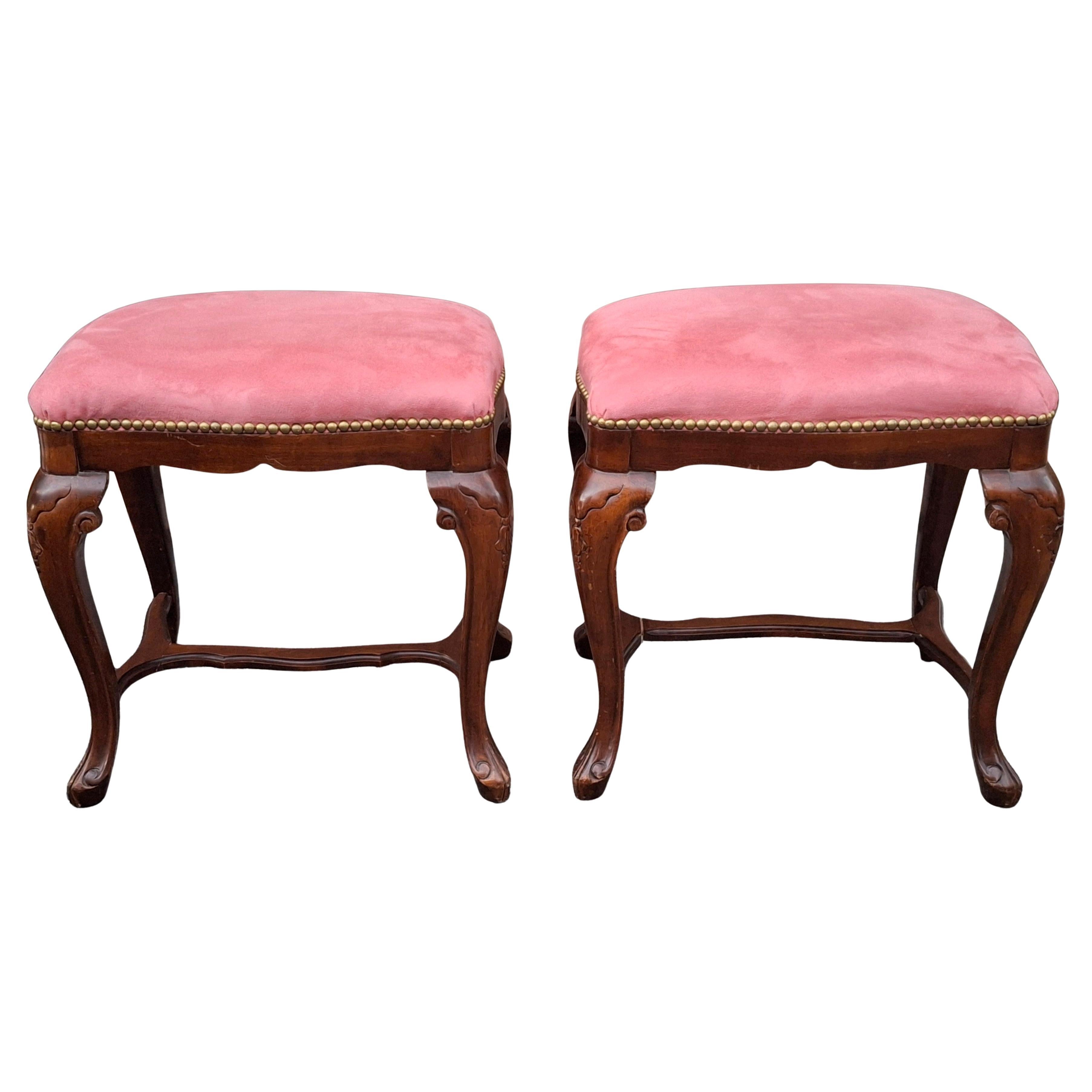 Pair Italian Walnut and Pink Suede Upholstered Low Stools Footstools