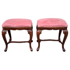 Pair Italian Walnut and Pink Suede Upholstered Low Stools Footstools