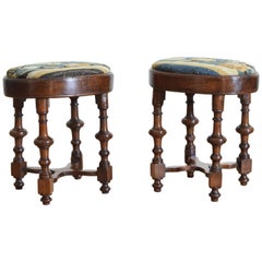 Antique Pair of Italian Walnut and Tapestry Upholstered Footstools, Early 18th Century