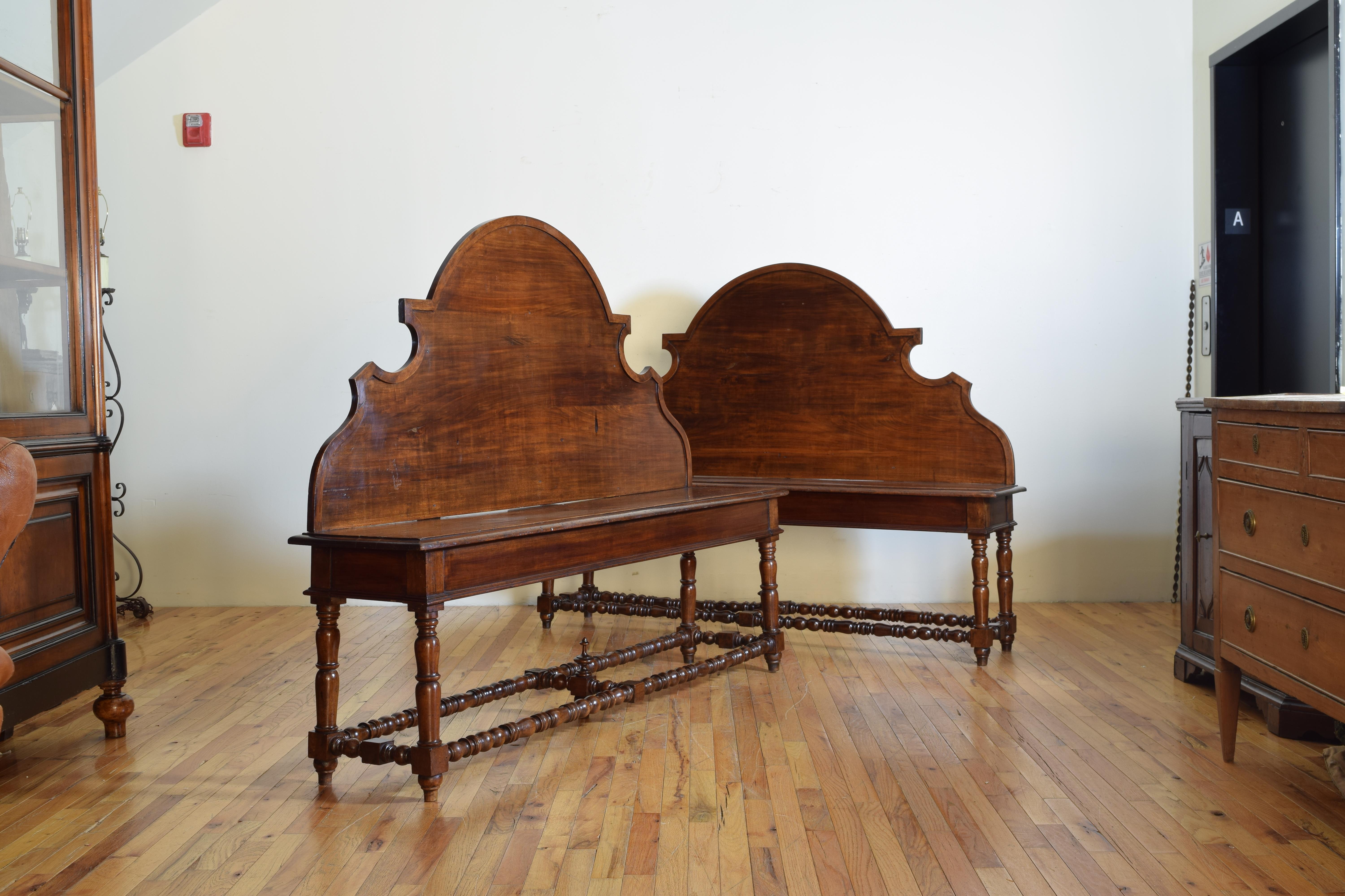 Baroque Revival Pair of Italian Walnut Louis XIII Style Hall Benches, 19th Century