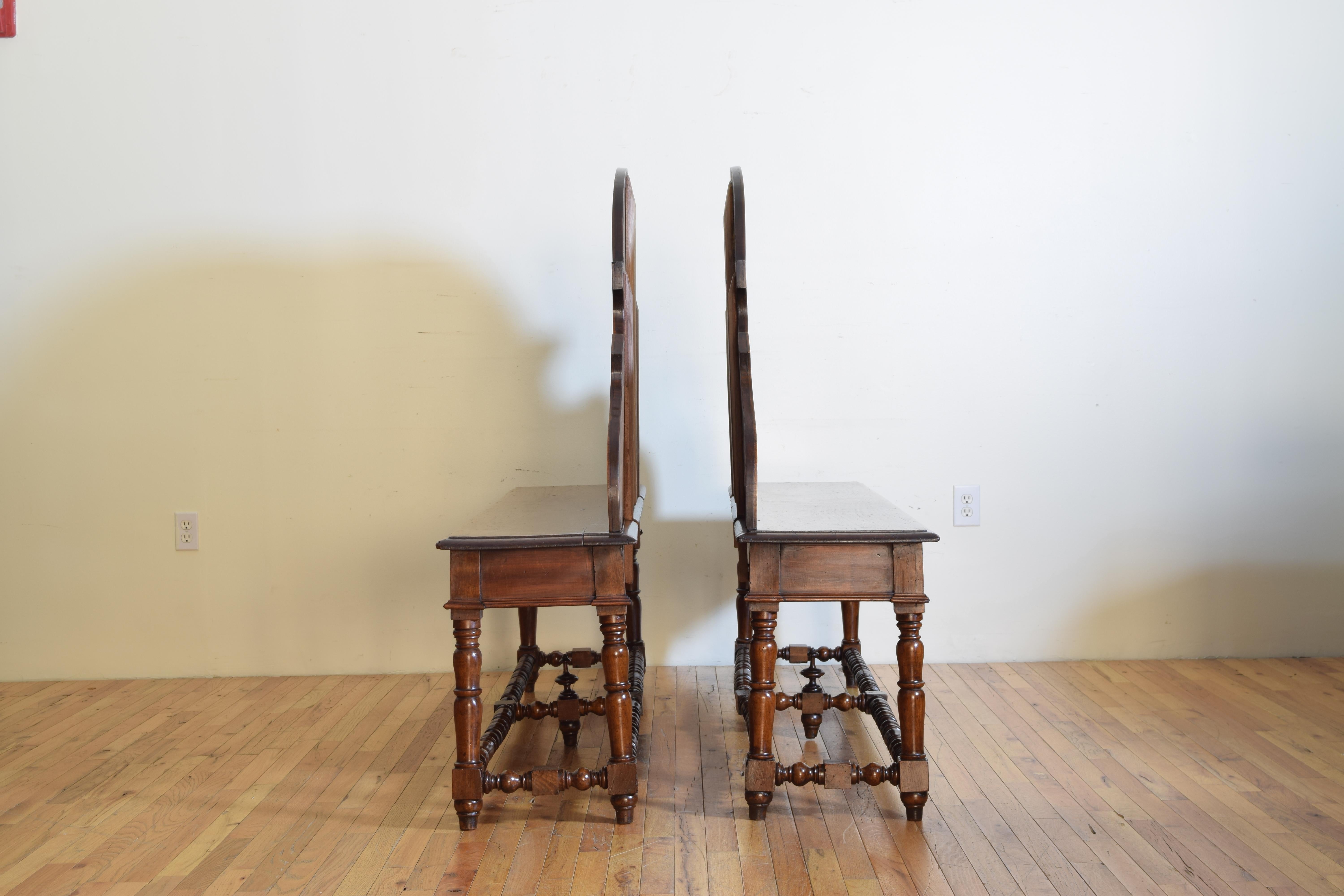 Mid-19th Century Pair of Italian Walnut Louis XIII Style Hall Benches, 19th Century