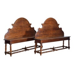 Antique Pair of Italian Walnut Louis XIII Style Hall Benches, 19th Century