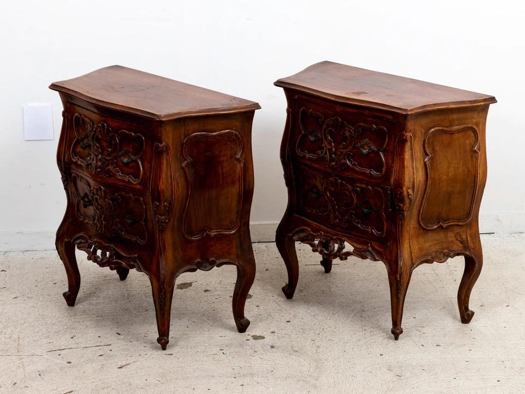 Rococo Revival Pair Italian Walnut One Door One Drawer End Tables For Sale