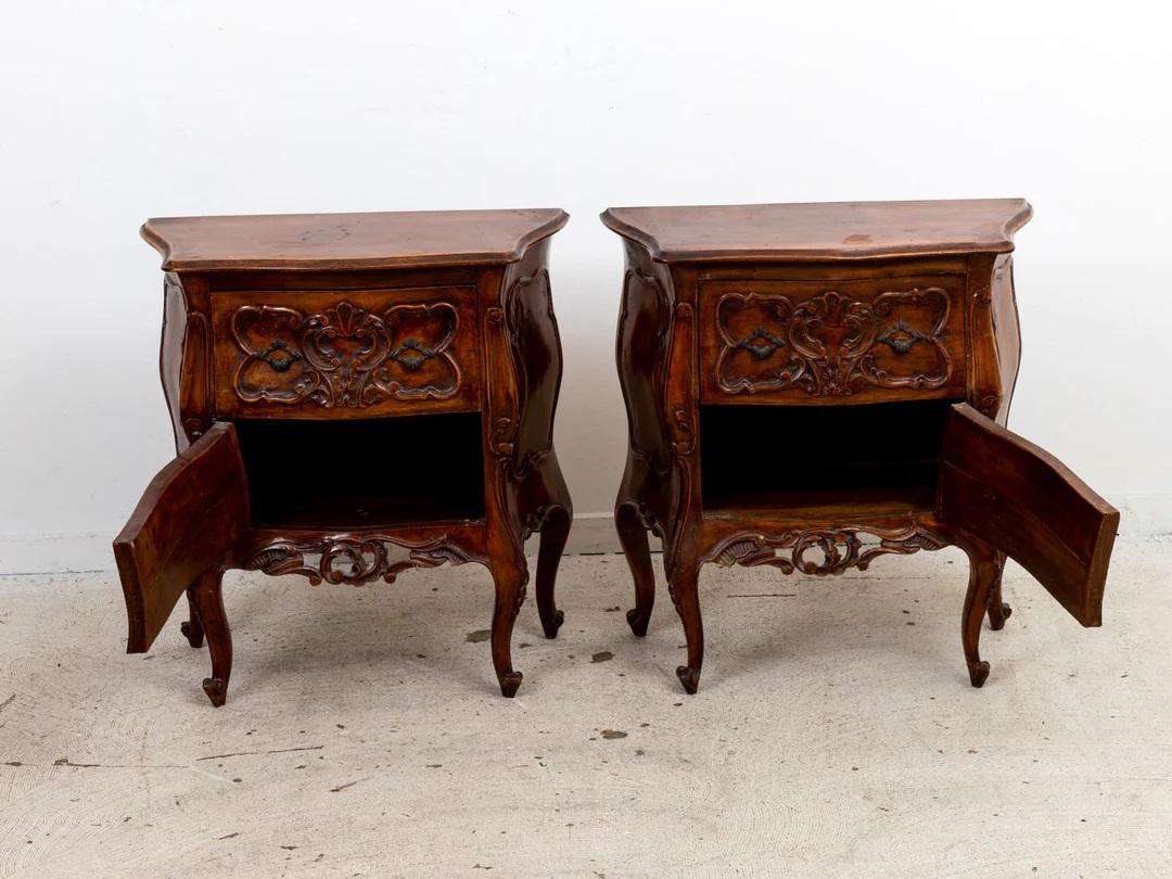 Carved Pair Italian Walnut One Door One Drawer End Tables For Sale