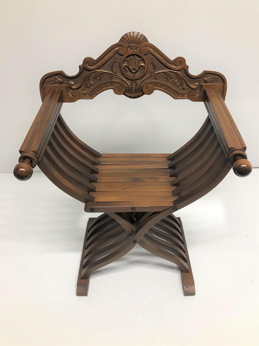 Carved Pair of Italian Walnut Savonarola Folding Chairs