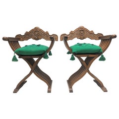 Pair of Italian Walnut Savonarola Folding Chairs