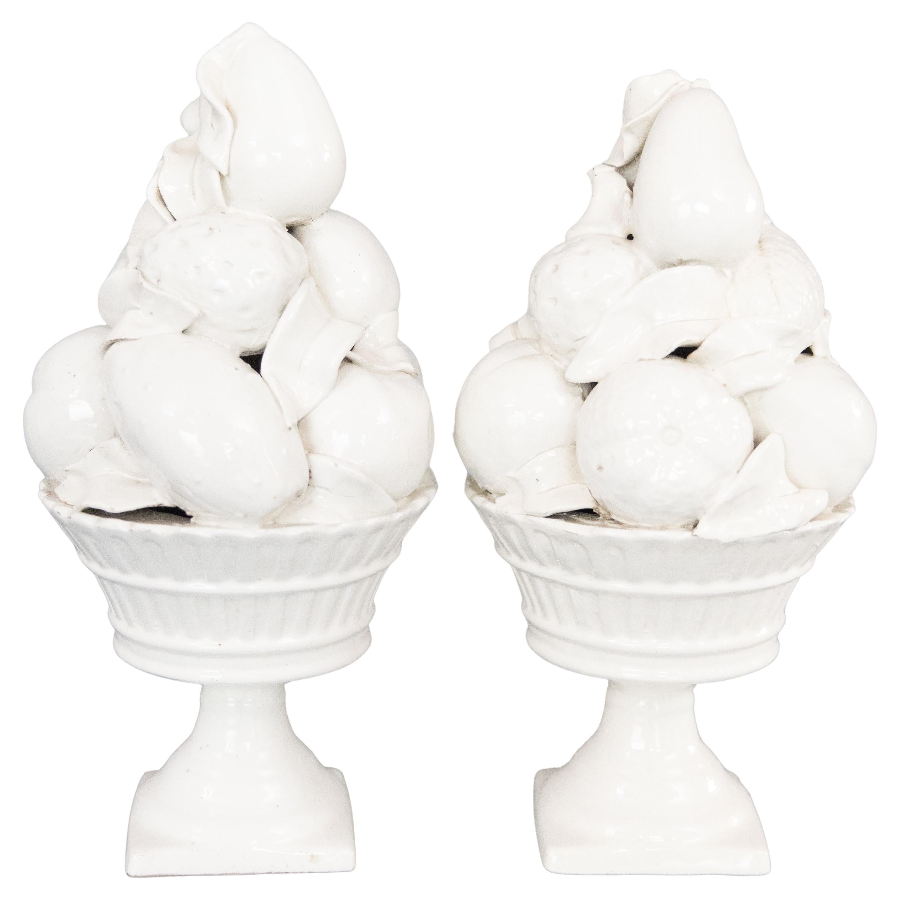 Pair Italian White Blanc De Chine Creamware Fruit Topiary Centerpieces, c. 1950
