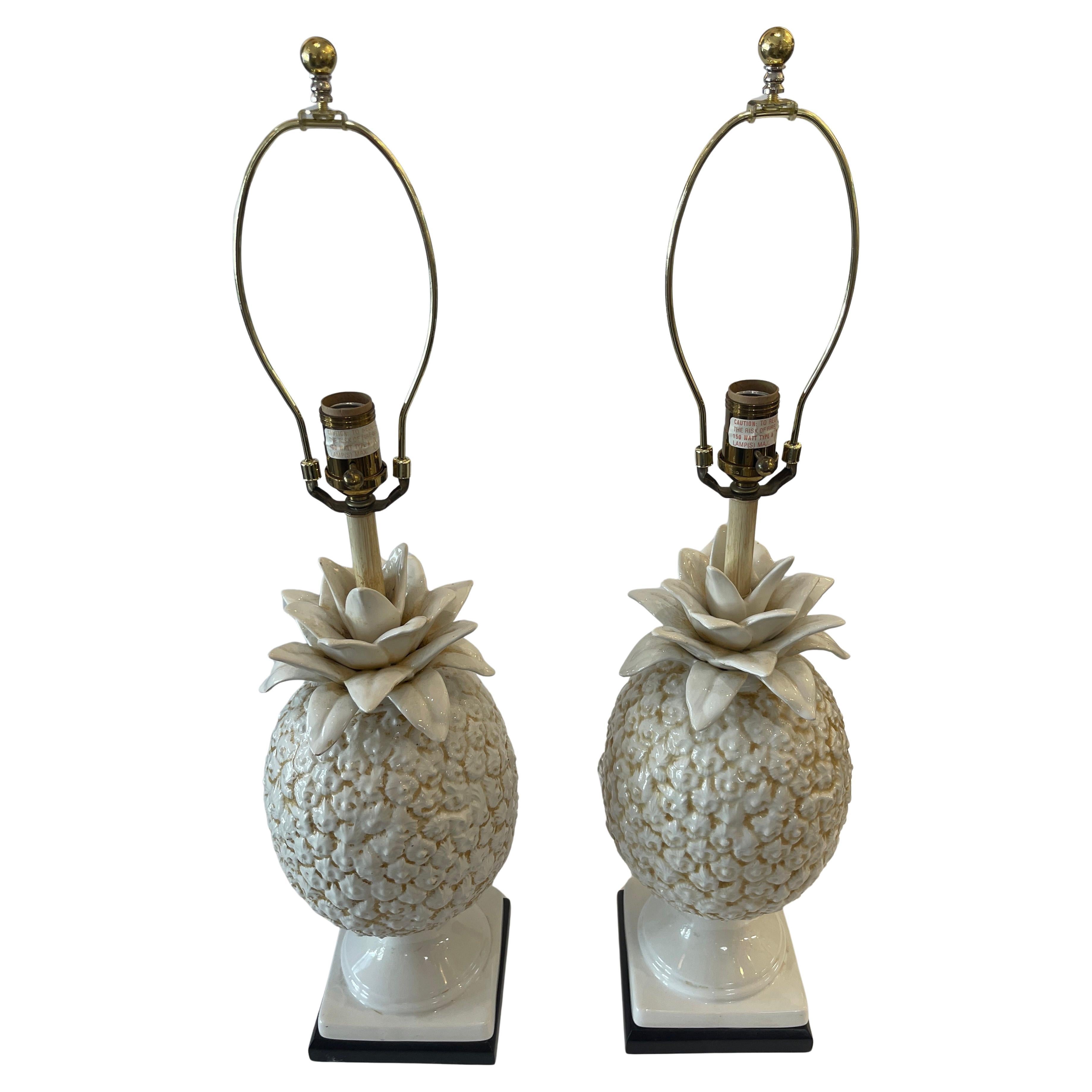 Pair Italian White Glazed Ceramic Pineapple Lamps, 1950s