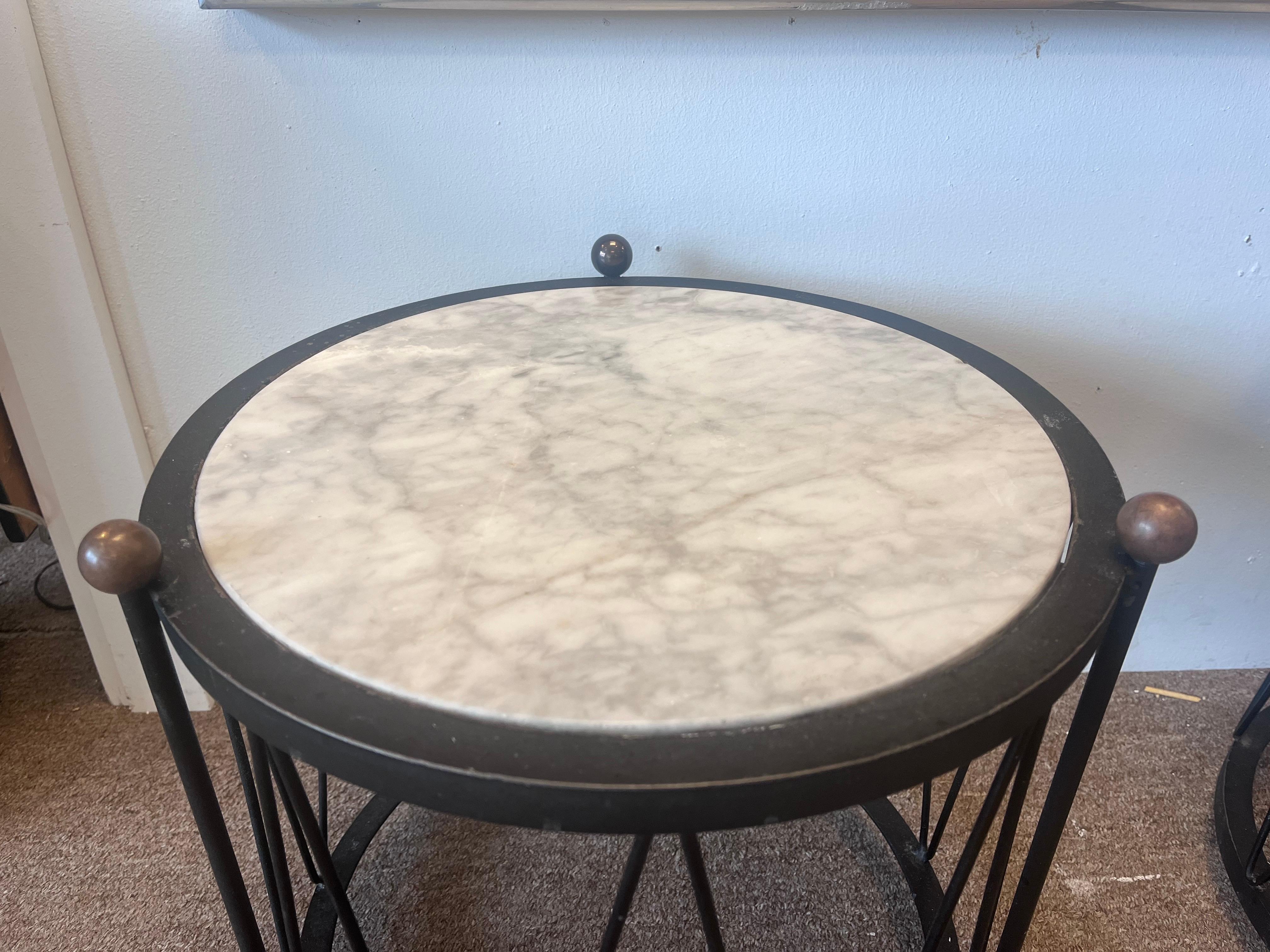 Pair Italian White Marble and Black Iron Drum Side or End Tables with Brass Ball 4