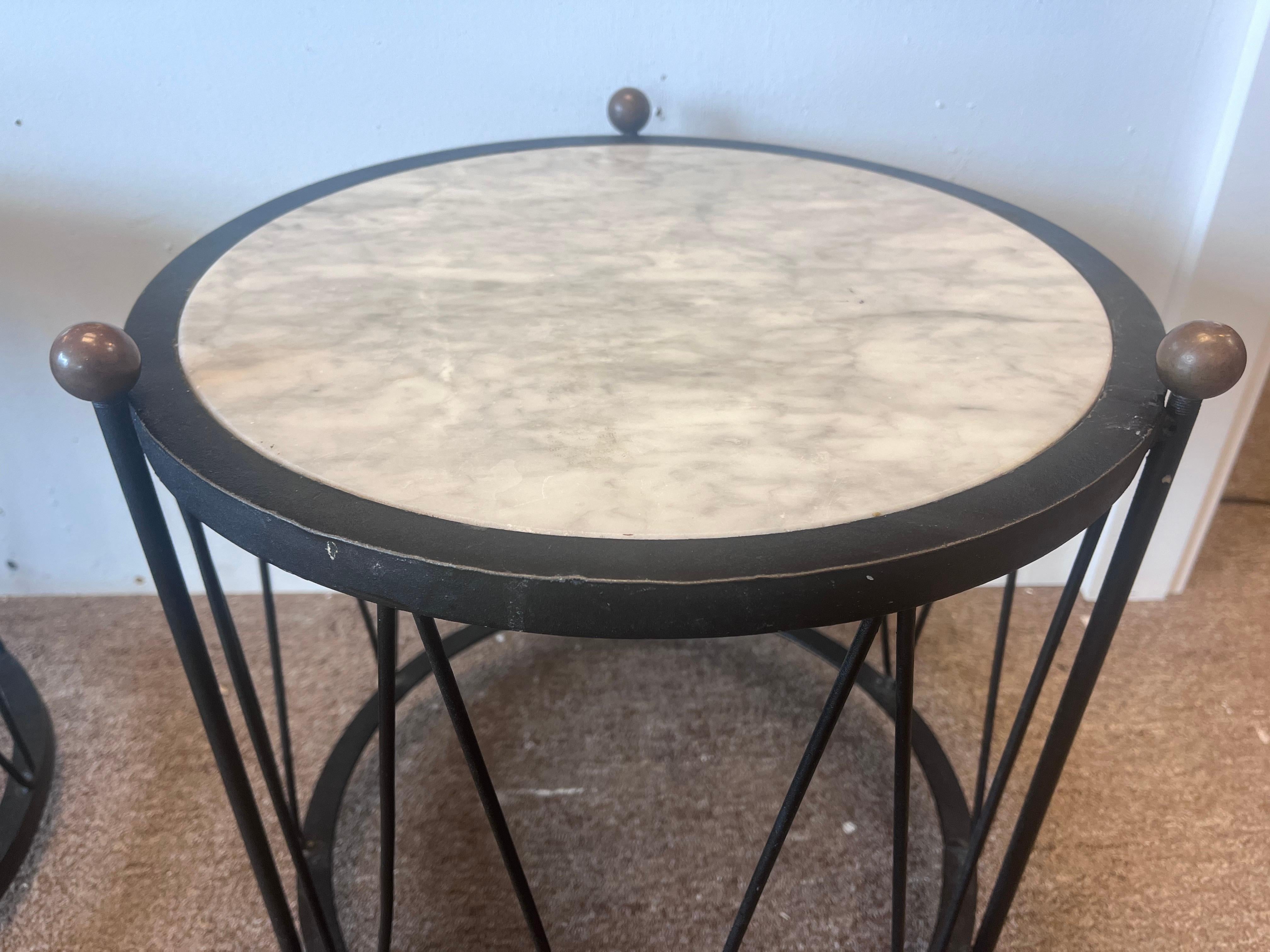 Pair Italian White Marble and Black Iron Drum Side or End Tables with Brass Ball 5