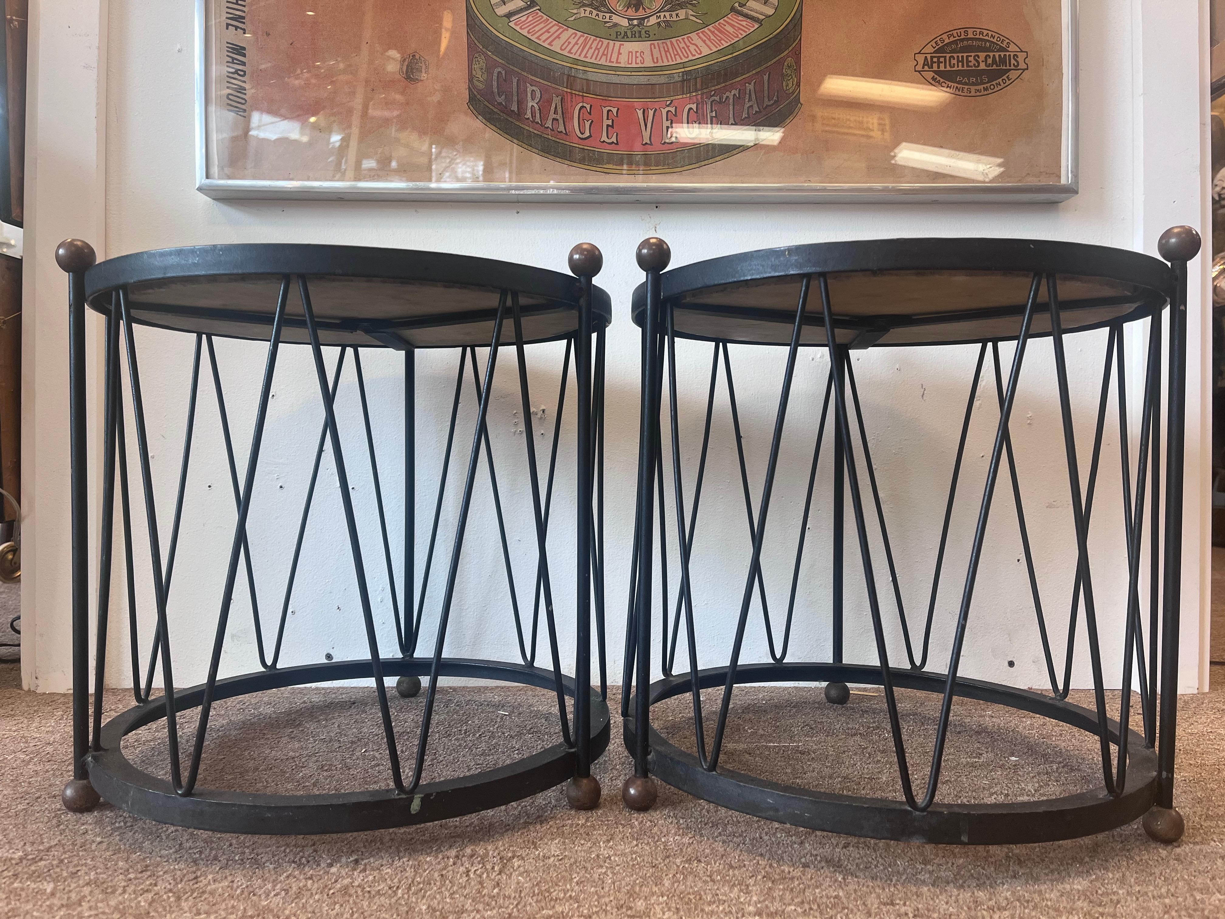 Mid-Century Modern Pair Italian White Marble and Black Iron Drum Side or End Tables with Brass Ball