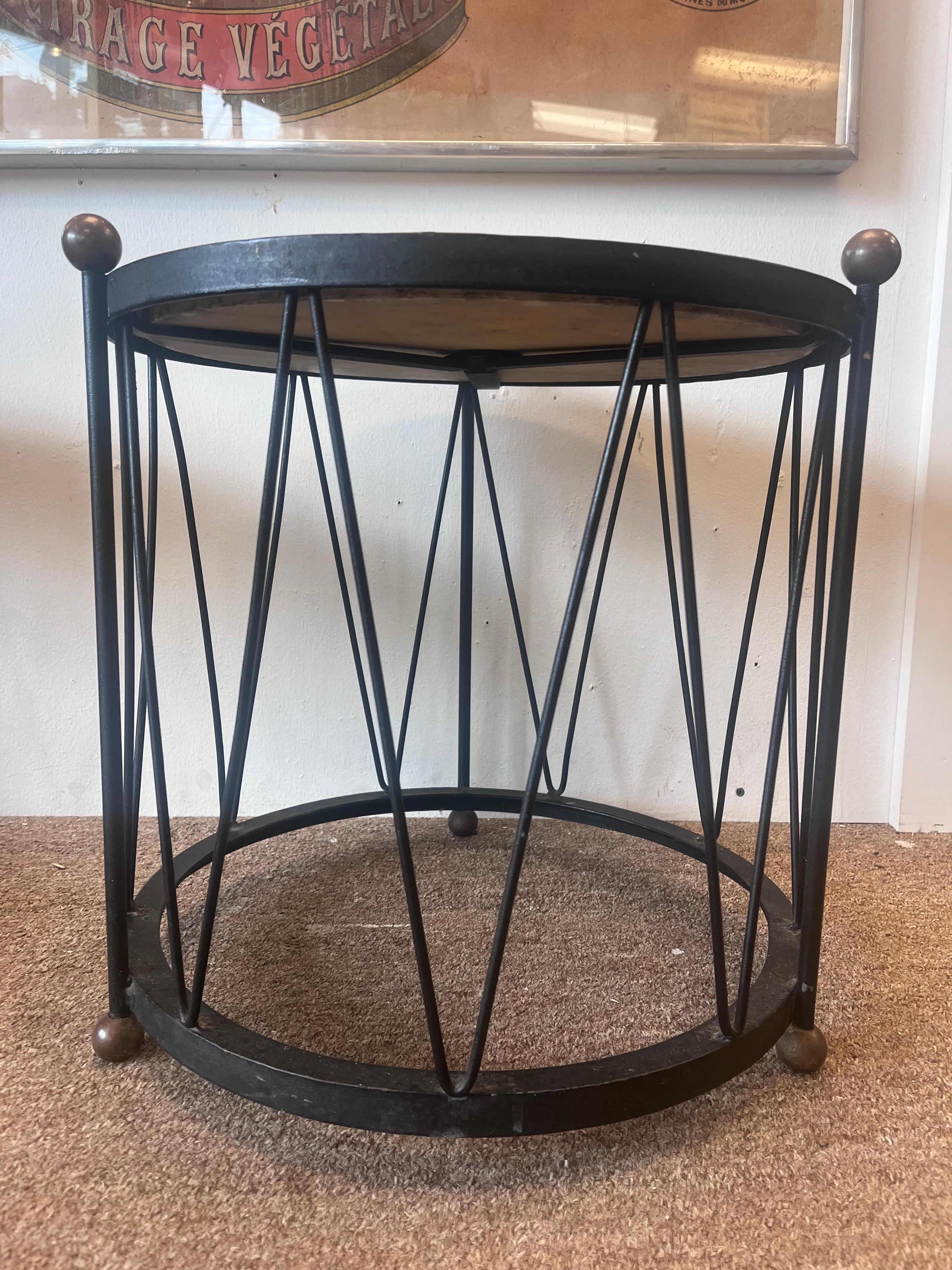 Pair Italian White Marble and Black Iron Drum Side or End Tables with Brass Ball In Good Condition In Atlanta, GA