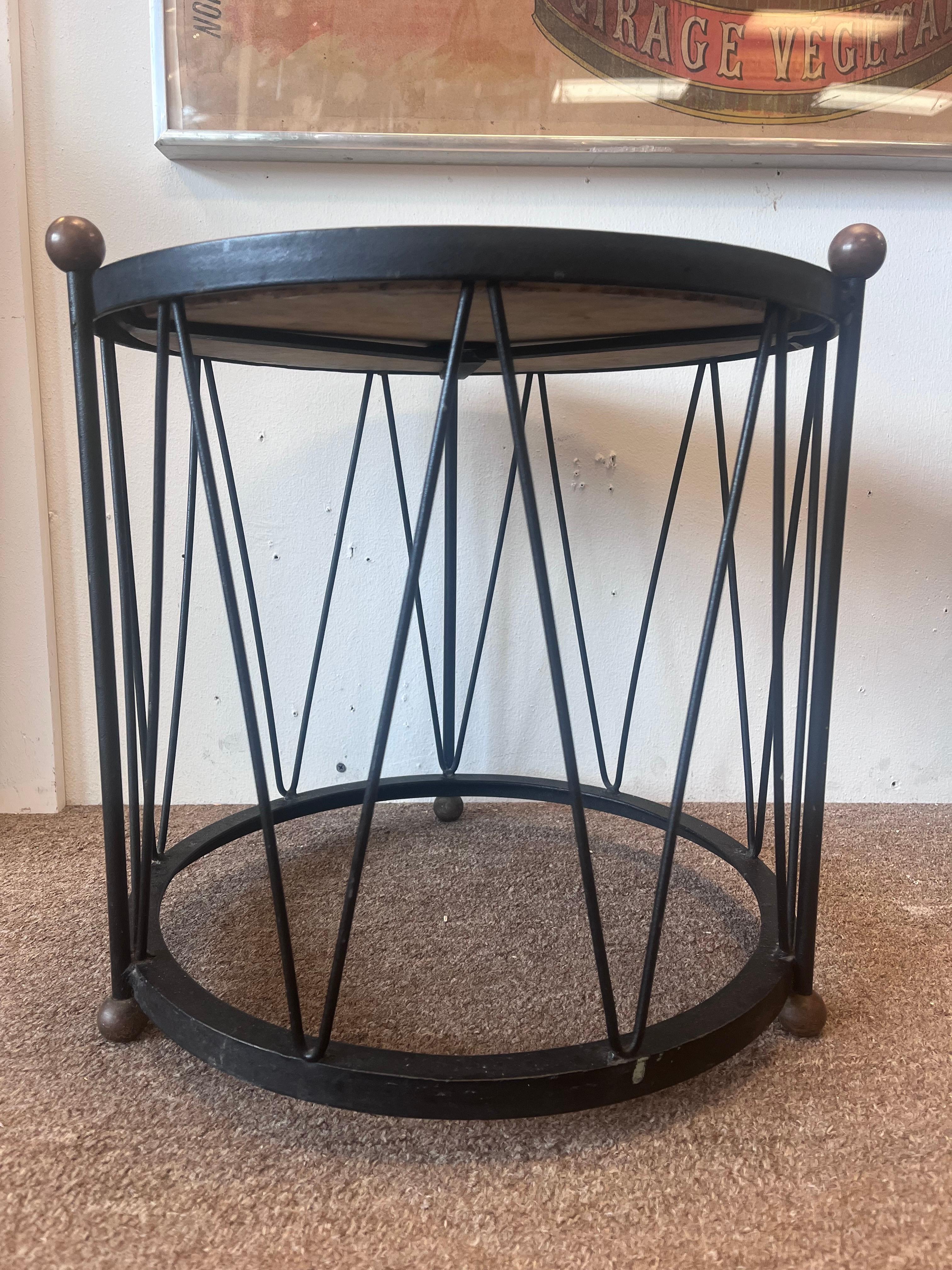 20th Century Pair Italian White Marble and Black Iron Drum Side or End Tables with Brass Ball