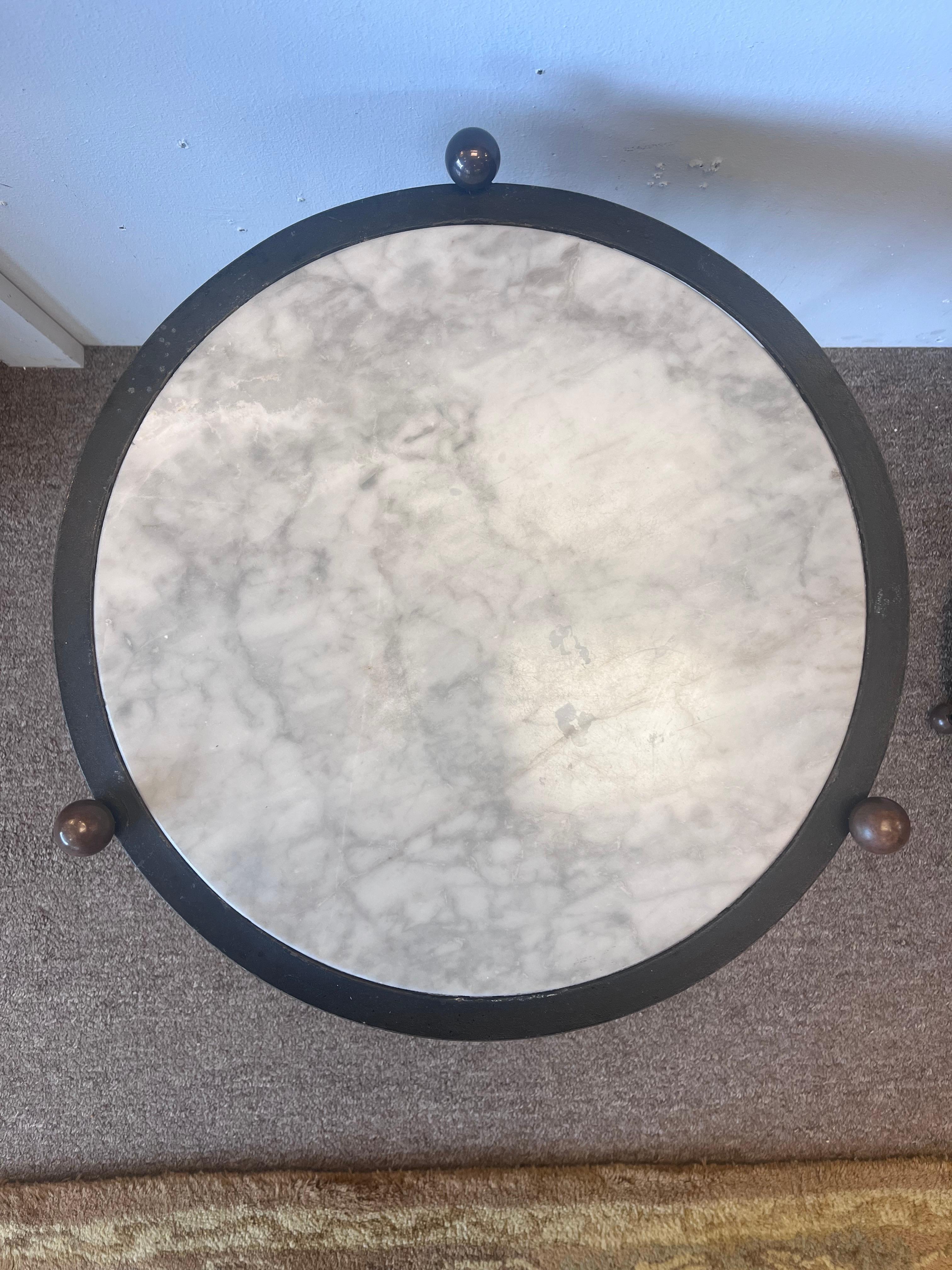 Pair Italian White Marble and Black Iron Drum Side or End Tables with Brass Ball 1